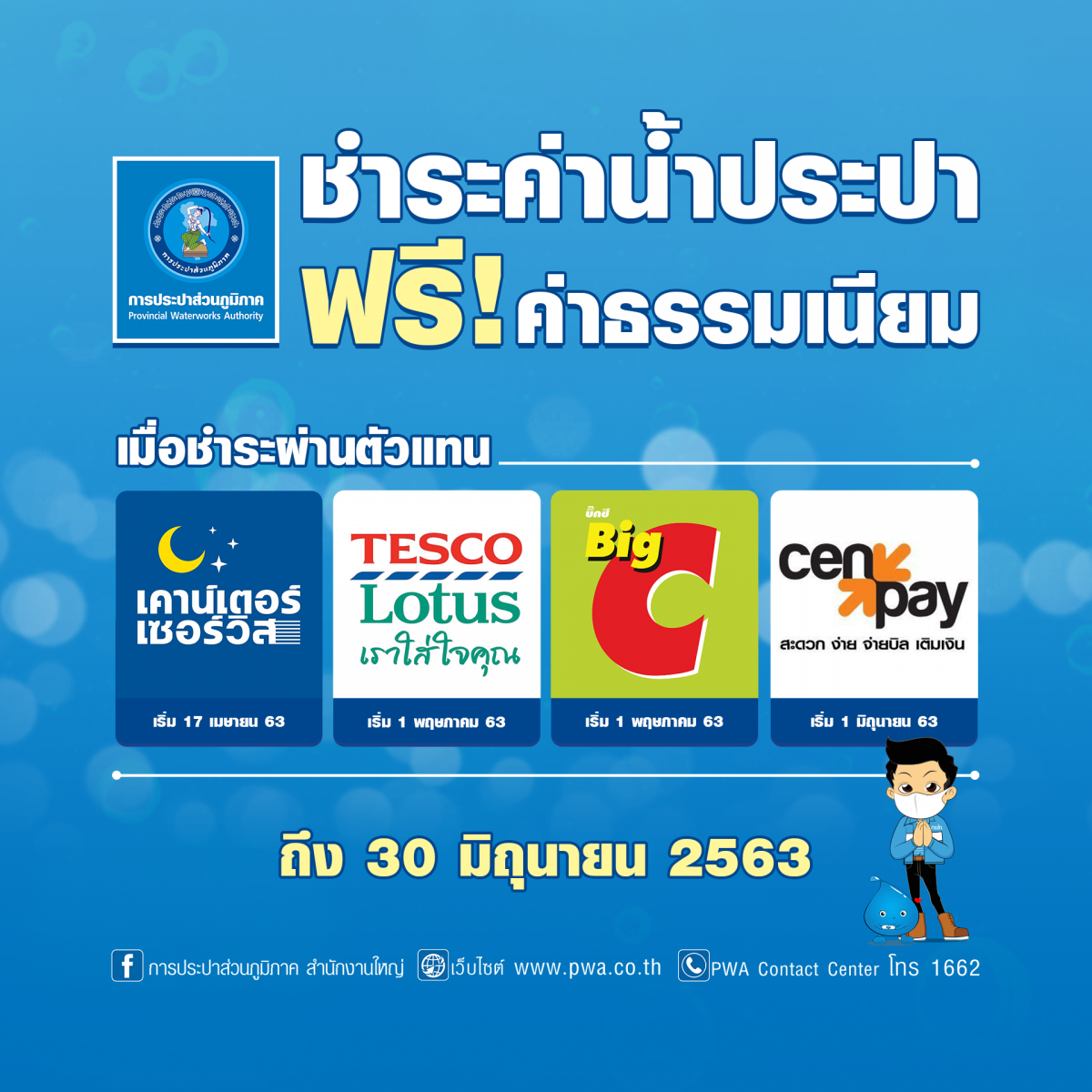 ผู้ใช้น้ำ กปภ. ชำระค่าน้ำที่ CenPay ฟรี ! ค่าธรรมเนียม เริ่ม 1 มิ.ย. นี้