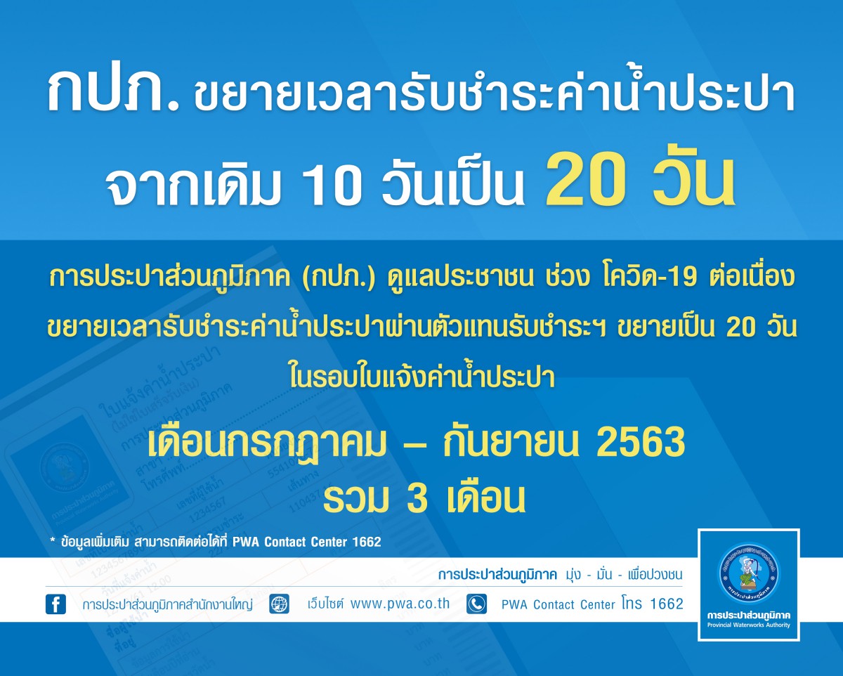 กปภ.ขยายต่อไม่รอแล้วนะ เพิ่มเวลาชำระค่าน้ำจาก 10 วัน เป็น 20 วัน อีก 3 เดือน เริ่มกรกฎาคมนี้