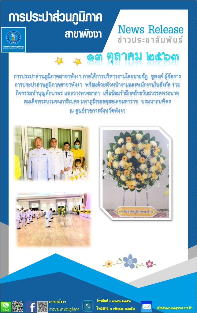 การประปาส่วนภูมิภาคสาขาพังงาร่วมกิจกรรมวางพวงมาลาและทำบุญตักบาตร