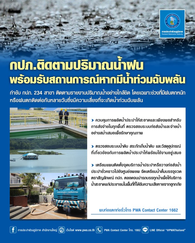 กปภ. ติดตามปริมาณน้ำฝน พร้อมรับสถานการณ์หากมีน้ำท่วมฉับพลันในพื้นที่เสี่ยง