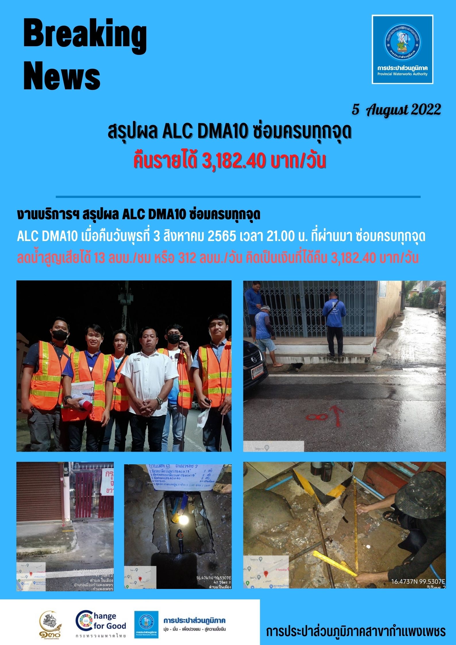 กปภ.สาขากำแพงเพชร สรุปผล ALC DMA10 ซ่อมครบทุกจุด คืนรายได้  3,182.40 บาท/วัน