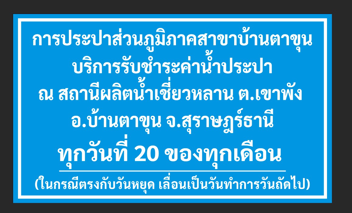 กปภ.สาขาบ้านตาขุน บริการรับชำระค่าน้ำประปานอกสถานที่ ณ สถานีผลิตน้ำเชี่ยวหลาน