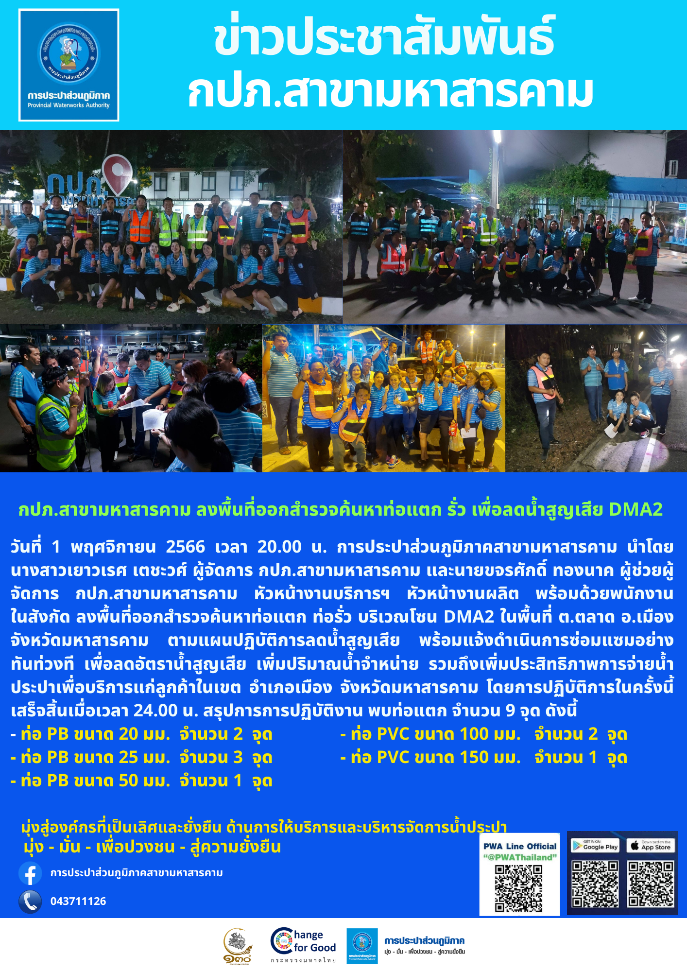 กปภ.สาขามหาสารคาม ลงพื้นที่ออกสำรวจค้นหาท่อแตก รั่ว เพื่อลดน้ำสูญเสีย DMA2