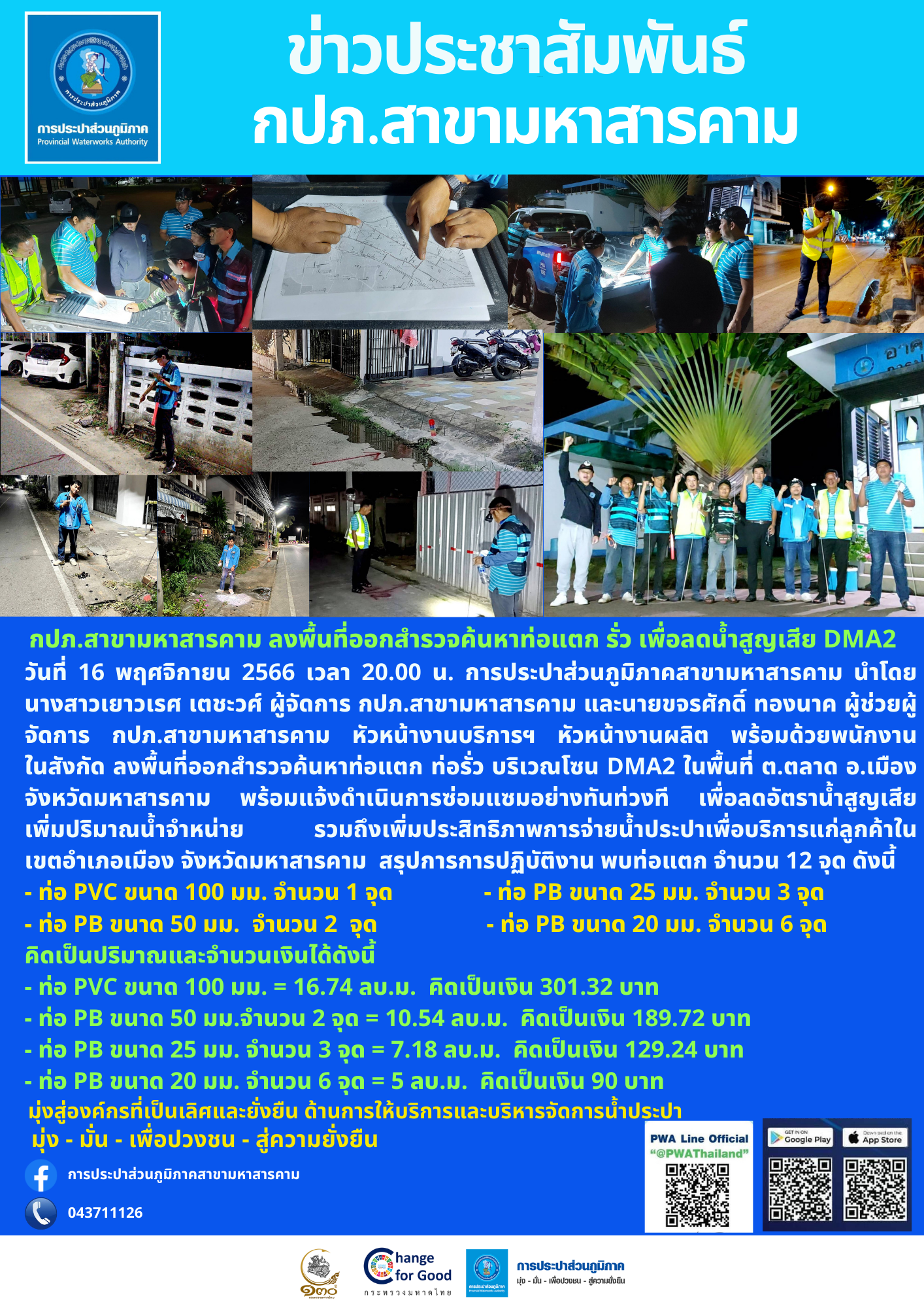 กปภ.สาขามหาสารคาม ลงพื้นที่ออกสำรวจค้นหาท่อแตก รั่ว เพื่อลดน้ำสูญเสีย DMA2