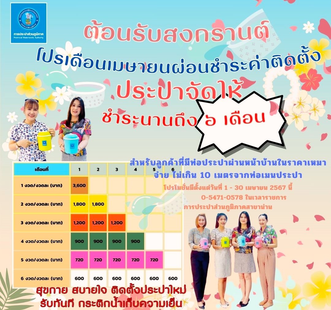 การประปาส่วนภูมิภาคสาขาน่าน เปิดตัวโครงการ ผ่อนชำระค่าใช้จ่ายในการติดตั้งประปาใหม่ ต้อนรับประเพณีสงกรานต์ ประจำปี 2567