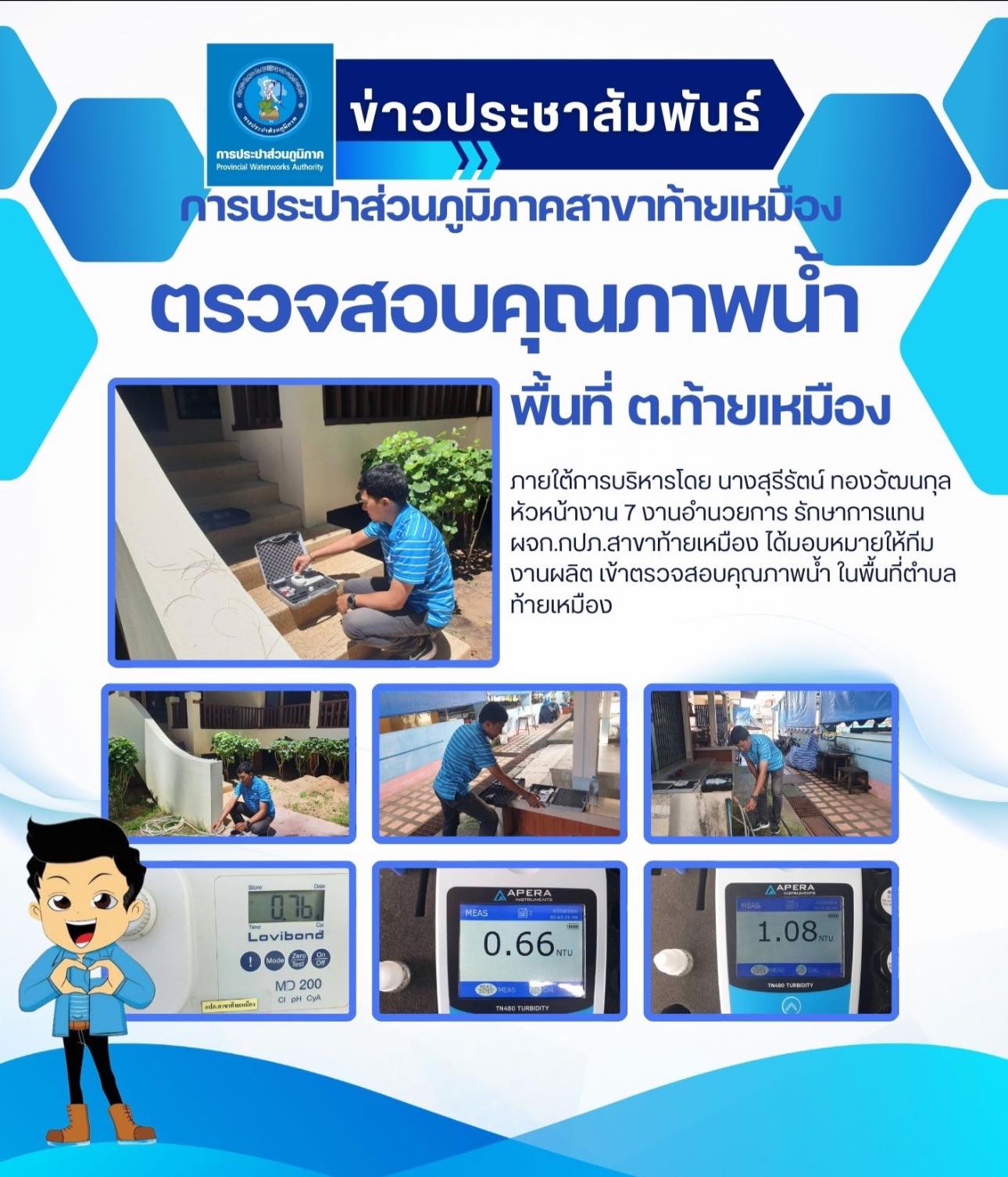 การประปาส่วนภูมิภาคสาขาท้ายเหมือง ดำเนินการตรวจสอบคุณภาพน้ำ ตามแผนประจำเดือน