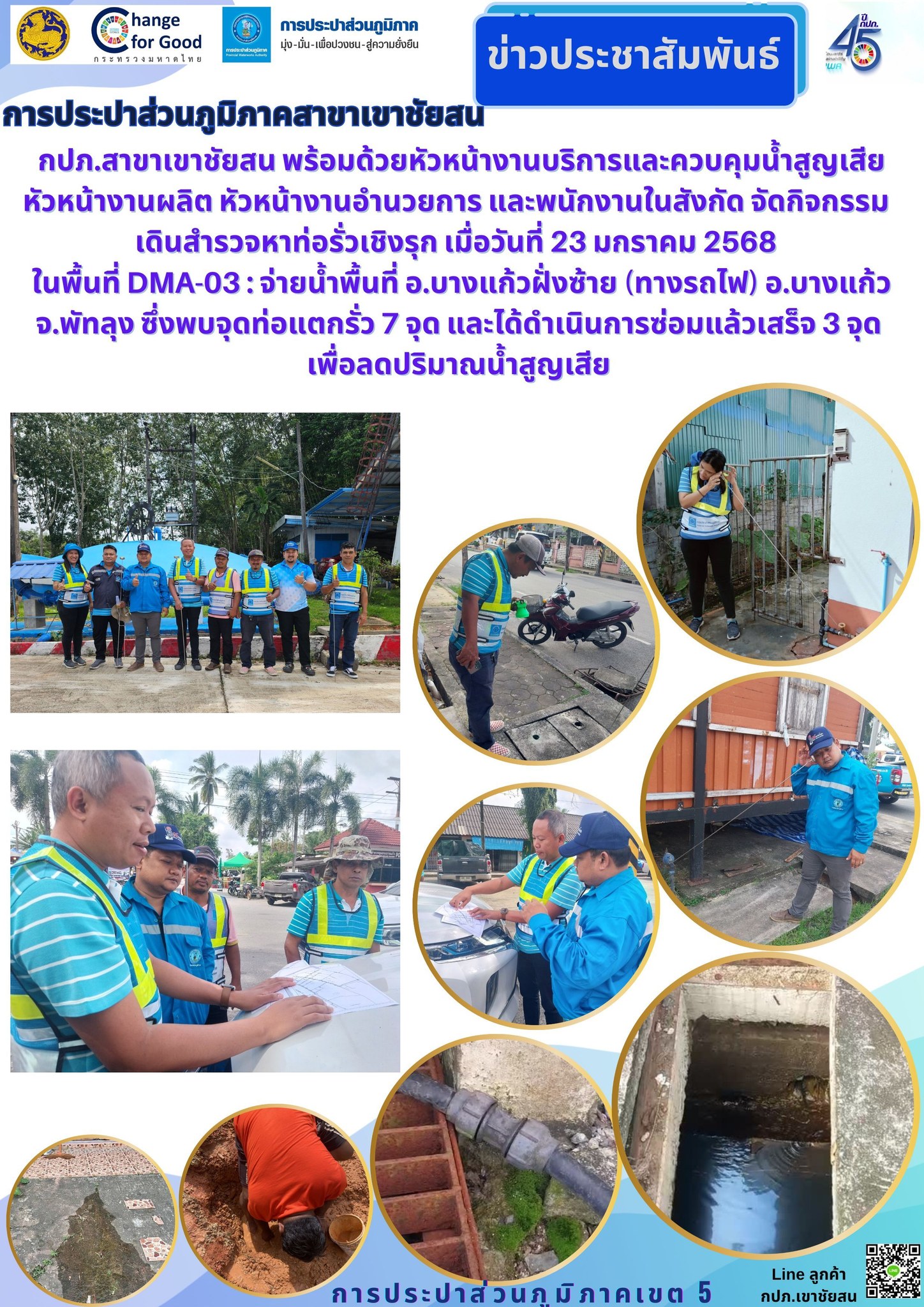 กปภ.สาขาเขาชัยสน พร้อมด้วยหัวหน้างานบริการและควบคุมน้ำสูญเสีย หัวหน้างานผลิต หัวหน้างานอำนวยการ และพนักงานในสังกัด จัดกิจกรรม เดินสำรวจหาท่อรั่วเชิงรุก เมื่อวันที่ 23 มกราคม 2568 ในพื้นที่ DMA-03 จ่ายน้ำพื้นที่ อ.บางแก้วฝั่งซ้าย (ทางรถไฟ) อ.บางแก้ว จ.พัทลุง ซึ่งพบจุดท่อแตกรั่ว 7 จุด และได้ดำเนินการซ่อมแล้วเสร็จ 3 จุด เพื่อลดปริมาณน้ำสูญเสีย
