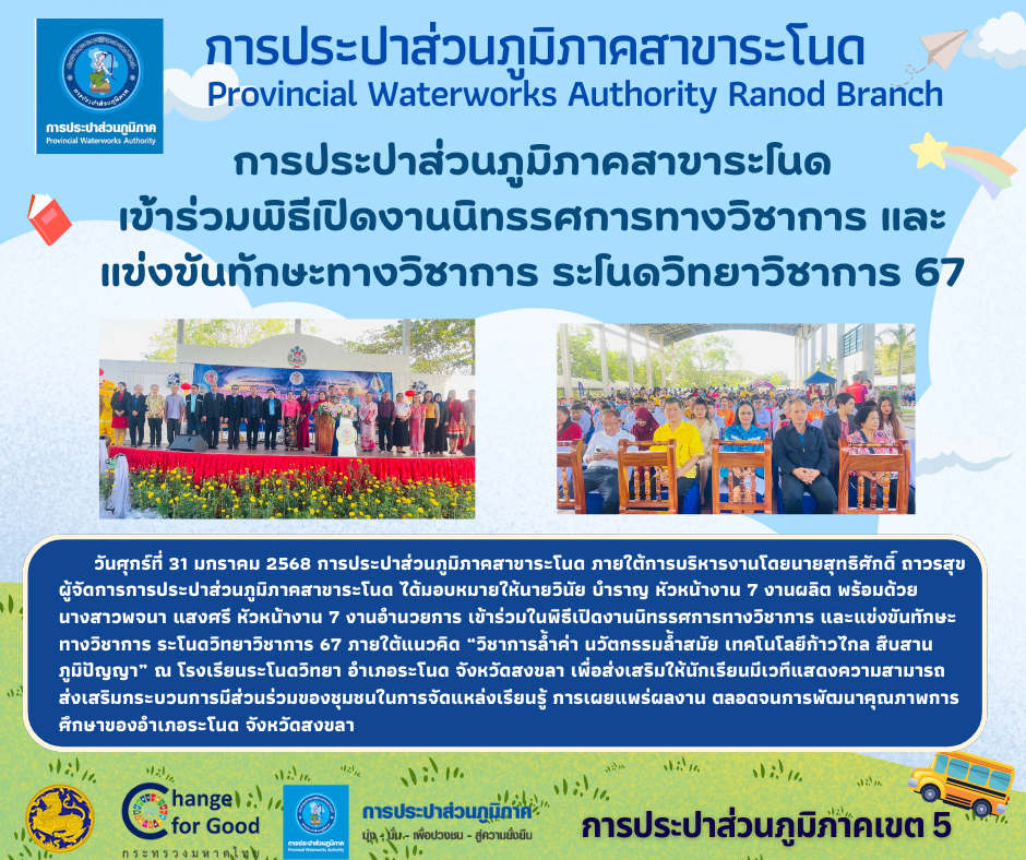 การประปาส่วนภูมิภาคสาขาระโนด เข้าร่วมพิธีเปิดงานนิทรรศการทางวิชาการ และแข่งขันทักษะทางวิชาการ ระโนดวิทยาวิชาการ