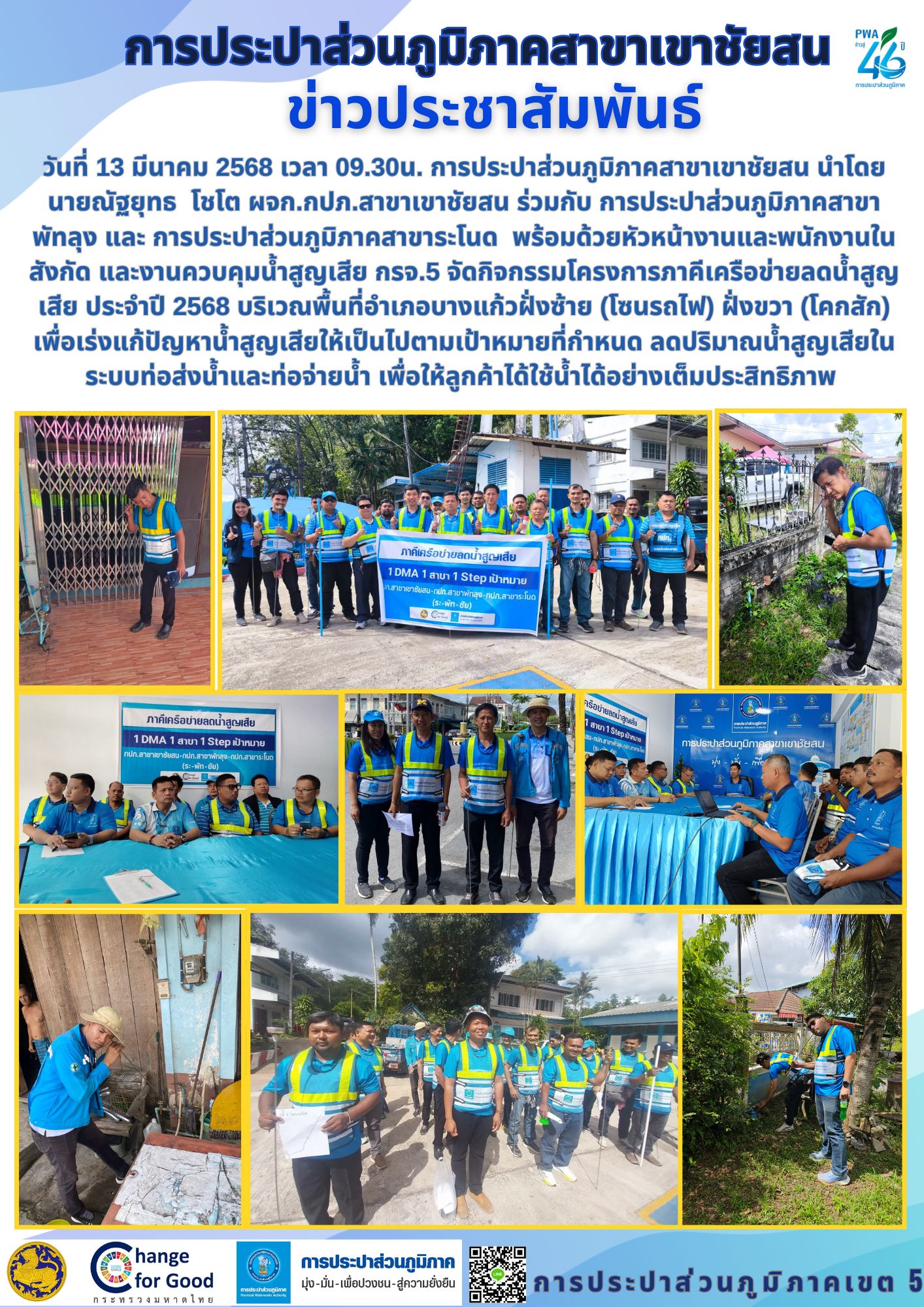 วันที่ 13 มีนาคม 2568 เวลา 09.30น. การประปาส่วนภูมิภาคสาขาเขาชัยสน นำโดย นายณัฐยุทธ โชโต ผจก.กปภ.สาขาเขาชัยสน ร่วมกับ การประปาส่วนภูมิภาคสาขาพัทลุง และ การประปาส่วนภูมิภาคสาขาระโนด พร้อมด้วยหัวหน้างานและพนักงานในสังกัด และงานควบคุมน้ำสูญเสีย กรจ.5 จัดกิจกรรมโครงการภาคีเครือข่ายลดน้ำสูญเสีย ประจำปี 2568