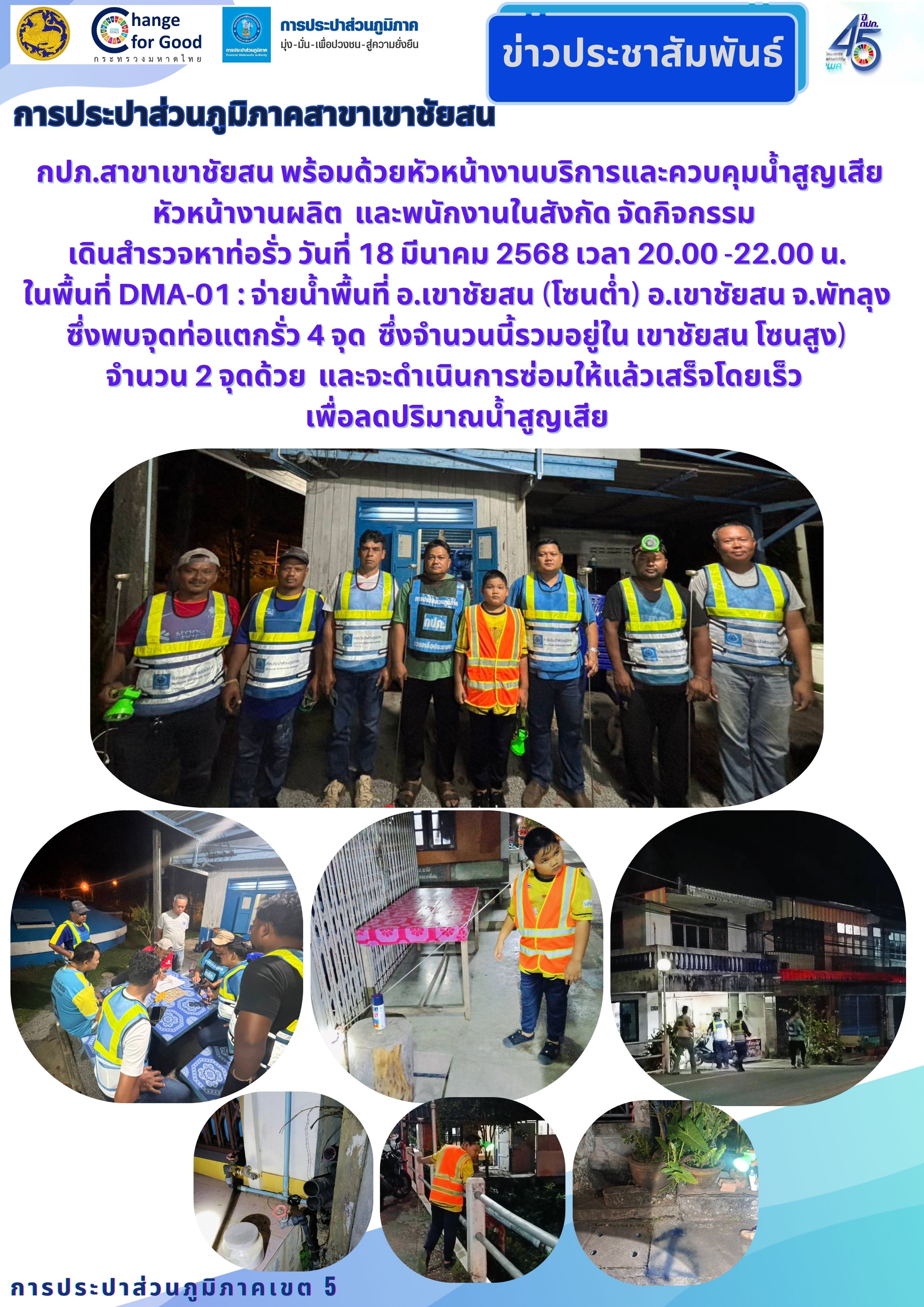 กปภ.สาขาเขาชัยสน พร้อมด้วยหัวหน้างานบริการและควบคุมน้ำสูญเสีย หัวหน้างานผลิต และพนักงานในสังกัด จัดกิจกรรม เดินสำรวจหาท่อรั่ว