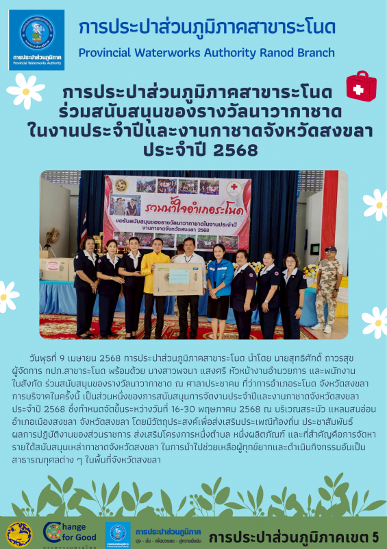 การประปาส่วนภูมิภาคสาขาระโนด ร่วมสนับสนุนของรางวัลนาวากาชาด ในงานประจำปีและงานกาชาดจังหวัดสงขลา ประจำปี 2568