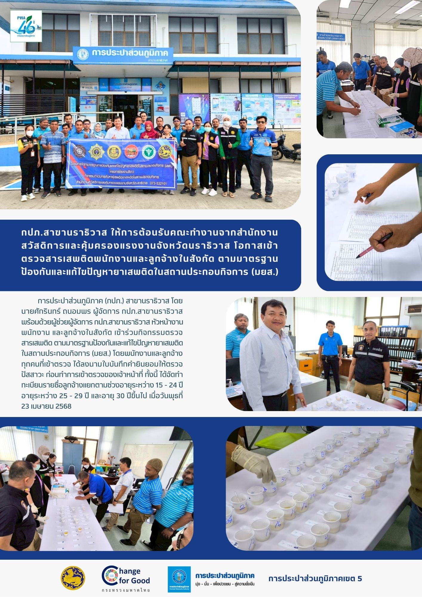 กปภ.สาขานราธิวาส ให้การต้อนรับคณะทำงานจากสำนักงานสวัสดิการและคุ้มครองแรงงานจังหวัดนราธิวาส โอกาสเข้าตรวจสารเสพติดพนักงานและลูกจ้างในสังกัด ตามมาตรฐานป้องกันและแก้ไขปัญหายาเสพติดในสถานประกอบกิจการ (มยส.)