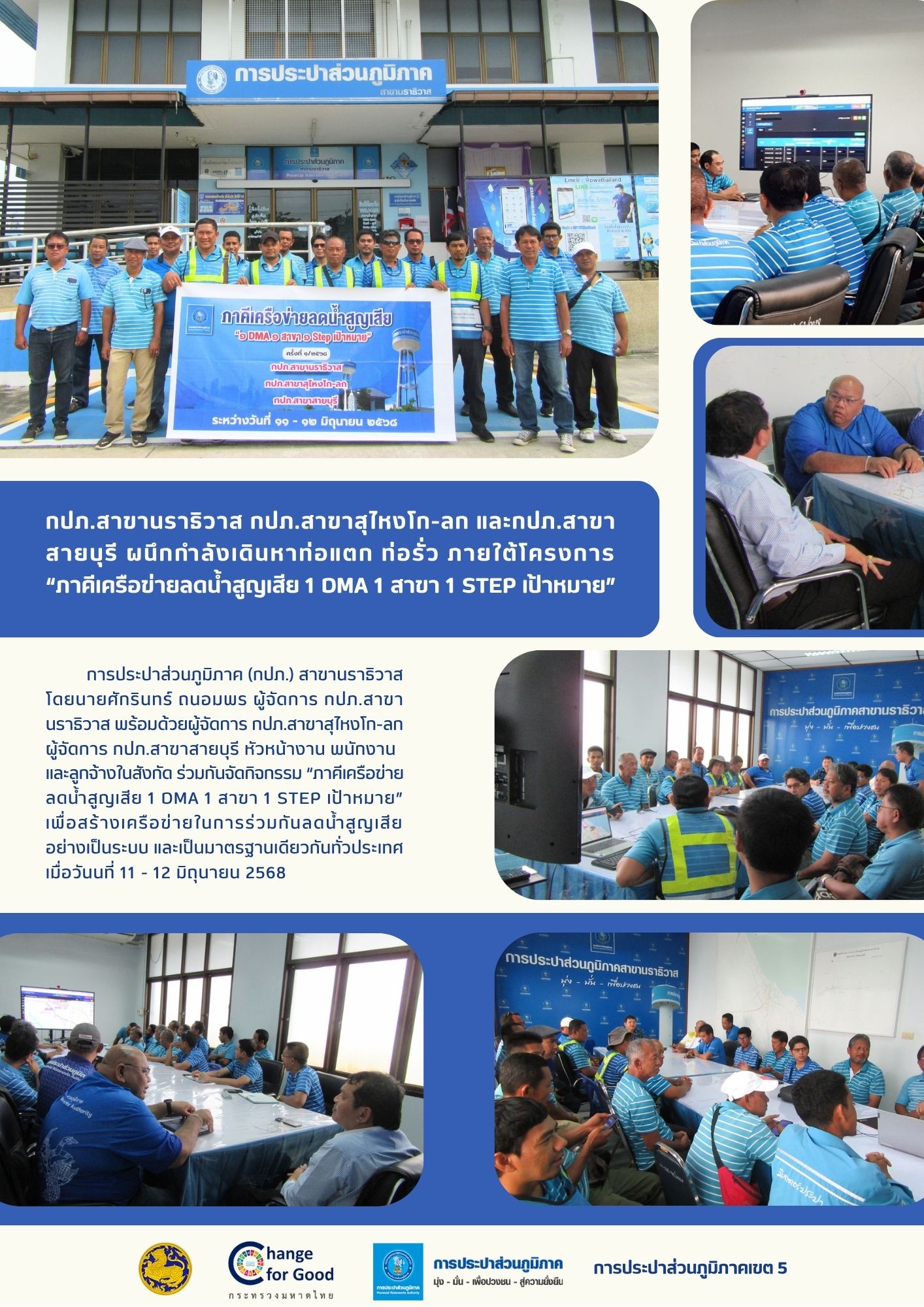 กปภ.สาขานราธิวาส กปภ.สาขาสุไหงโก-ลก และกปภ.สาขาสายบุรี ผนึกกำลังเดินหาท่อแตก ท่อรั่ว ภายใต้โครงการ ภาคีเครือข่ายลดน้ำสูญเสีย 1 DMA 1 สาขา 1 STEP เป้าหมาย