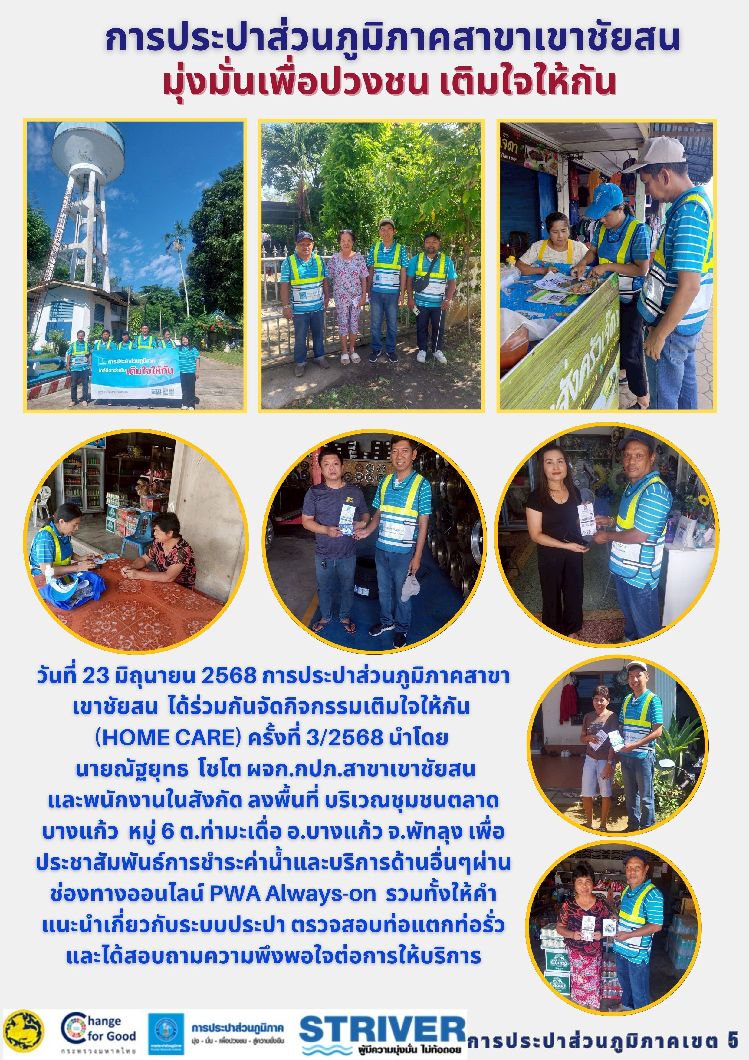 วันที่ 23 มิถุนายน 2568 การประปาส่วนภูมิภาคสาขาเขาชัยสน ได้ร่วมกันจัดกิจกรรมเติมใจให้กัน (HOME CARE) ครั้งที่ 3/2568