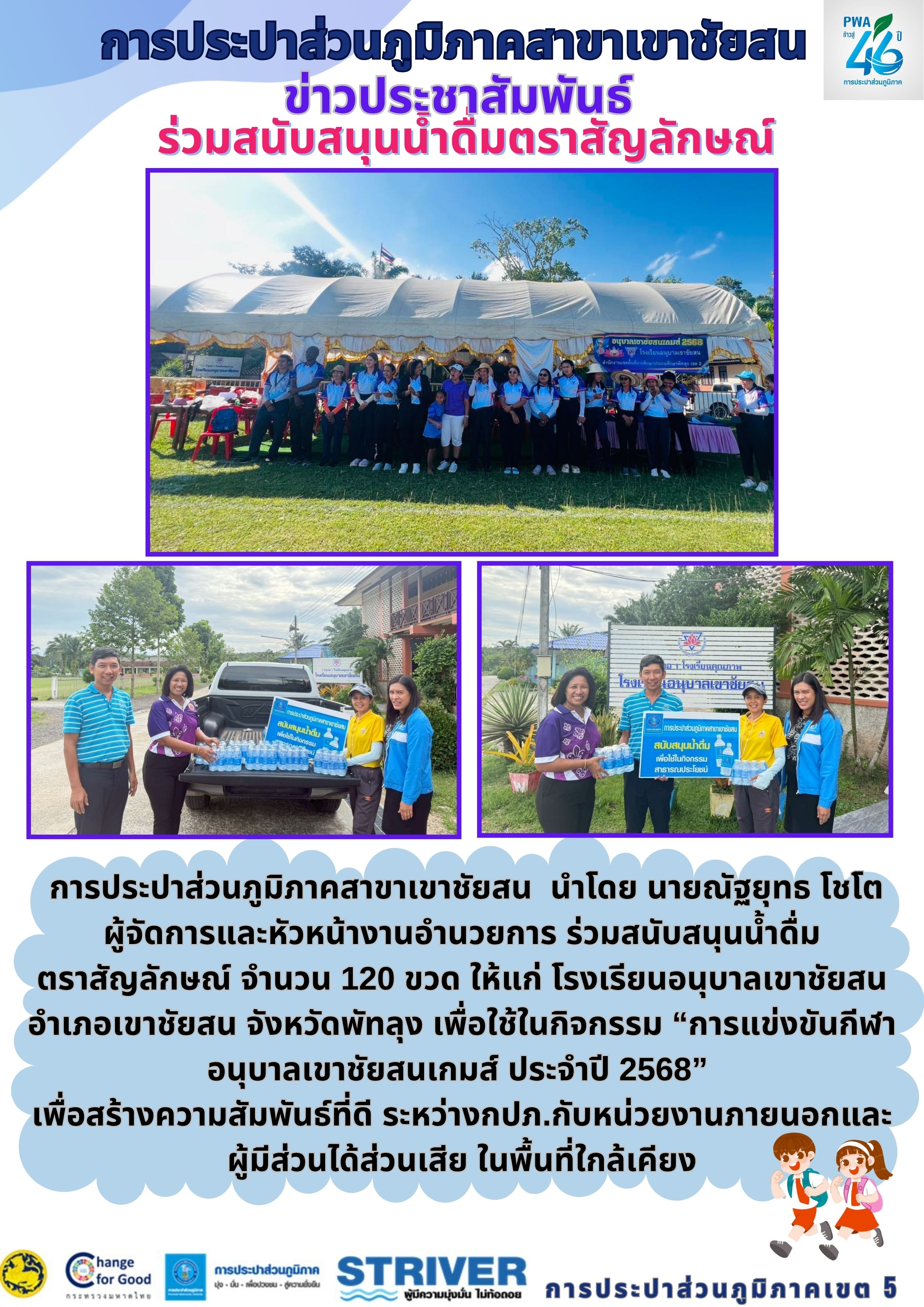 การประปาส่วนภูมิภาคสาขาเขาชัยสน  นำโดย นายณัฐยุทธ โชโต  ผู้จัดการและหัวหน้างานอำนวยการ ร่วมสนับสนุนน้ำดื่มตราสัญลักษณ์ จำนวน 120 ขวด ให้แก่ โรงเรียนอนุบาลเขาชัยสน