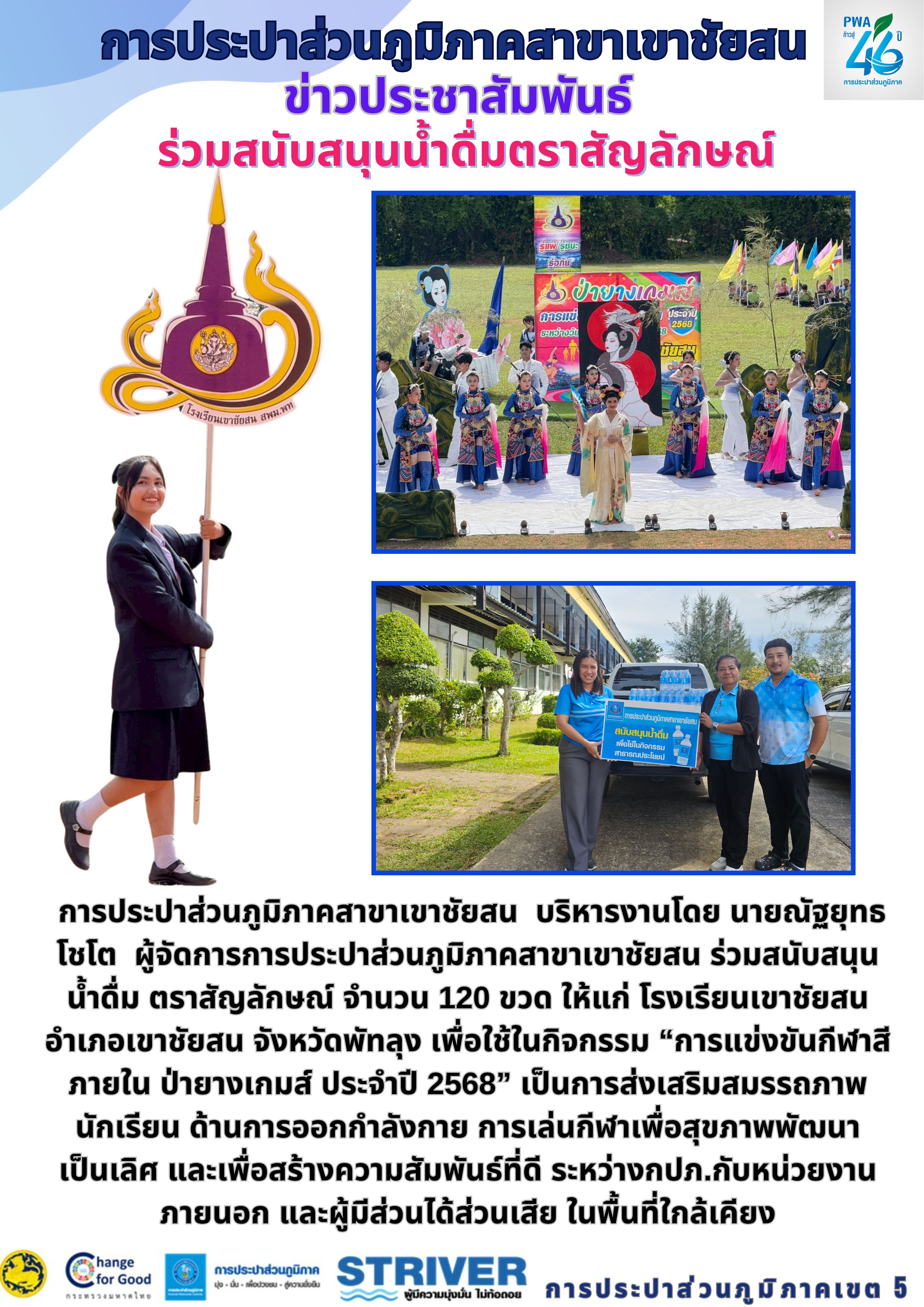 การประปาส่วนภูมิภาคสาขาเขาชัยสน บริหารงานโดย นายณัฐยุทธ โชโต ผู้จัดการการประปาส่วนภูมิภาคสาขาเขาชัยสน ร่วมสนับสนุนน้ำดื่ม ตราสัญลักษณ์ จำนวน 120 ขวด ให้แก่ โรงเรียนเขาชัยสน อำเภอเขาชัยสน จังหวัดพัทลุง เพื่อใช้ในกิจกรรม การแข่งขันกีฬาสีภายใน ป่ายางเกมส์ ประจำปี 2568