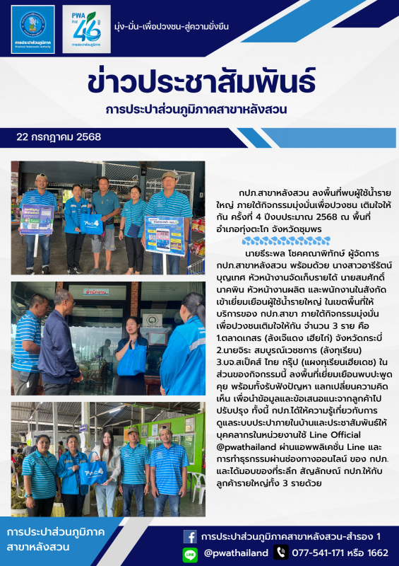 กปภ.สาขาหลังสวน ลงพื้นที่พบผู้ใช้น้ำรายใหญ่ ภายใต้กิจกรรมมุ่งมั่นเพื่อปวงชน เติมใจให้กัน ครั้งที่ 4 ปีงบประมาณ 2568 ณ พื้นที่อำเภอทุ่งตะโก จังหวัดชุมพร