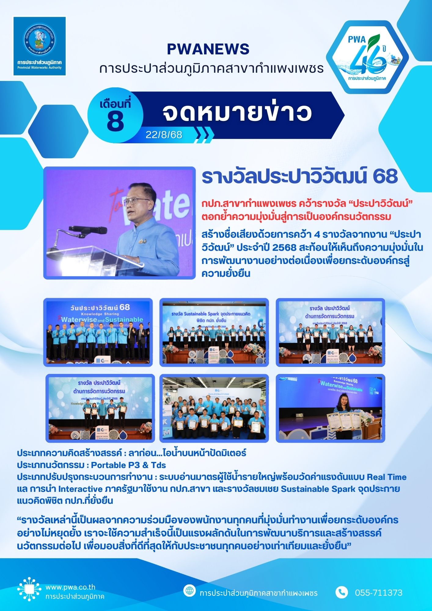 กปภ.สาขากำแพงเพชร คว้ารางวัล ประปาวิวัฒน์ ตอกย้ำความมุ่งมั่นสู่การเป็นองค์กรนวัตกรรม