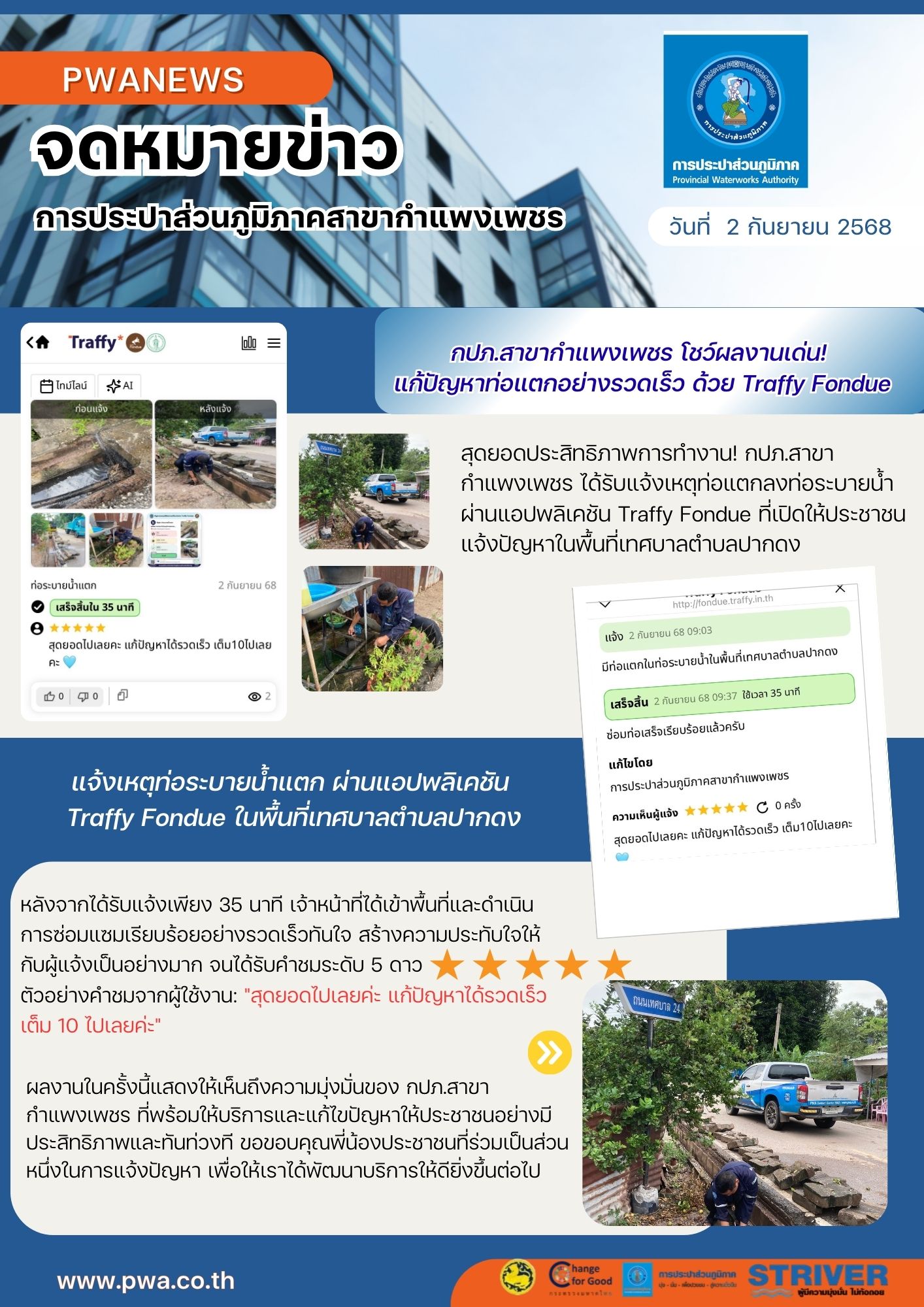 กปภ.สาขากำแพงเพชร โชว์ผลงานเด่น! แก้ปัญหาท่อแตกอย่างรวดเร็ว ด้วย Traffy Fondue