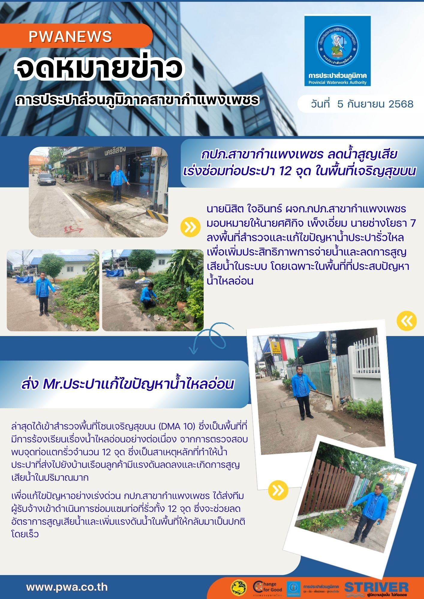 กปภ.สาขากำแพงเพชร ลดน้ำสูญเสีย เร่งซ่อมท่อประปา 12 จุด ในพื้นที่เจริญสุขบน