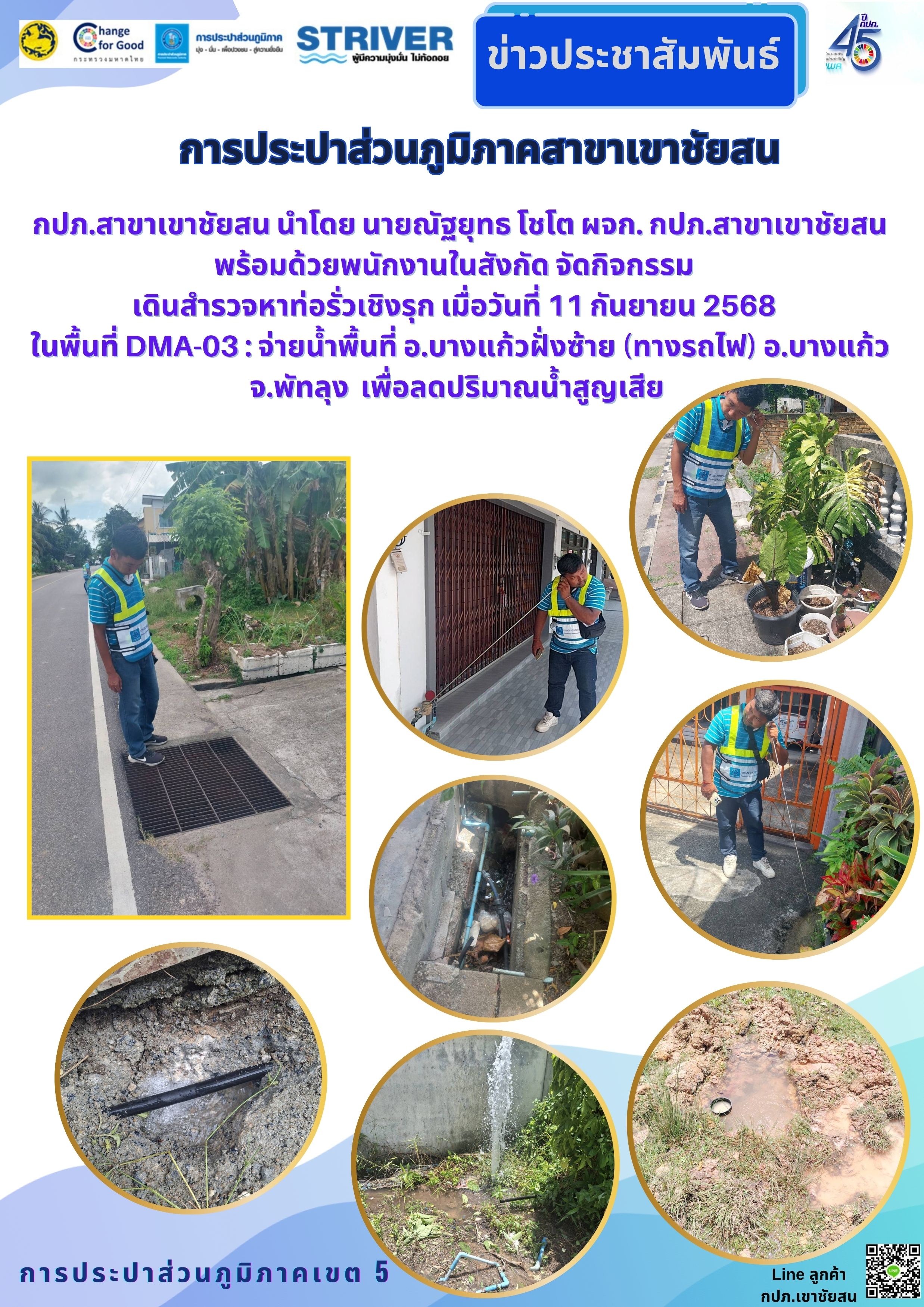 กปภ.สาขาเขาชัยสน นำโดย นายณัฐยุทธ โชโต ผจก. กปภ.สาขาเขาชัยสน พร้อมด้วยพนักงานในสังกัด จัดกิจกรรม เดินสำรวจหาท่อรั่วเชิงรุก เมื่อวันที่ 11 กันยายน 2568  ในพื้นที่ DMA-03 : จ่ายน้ำพื้นที่ อ.บางแก้วฝั่งซ้าย (ทางรถไฟ) อ.บางแก้ว จ.พัทลุง