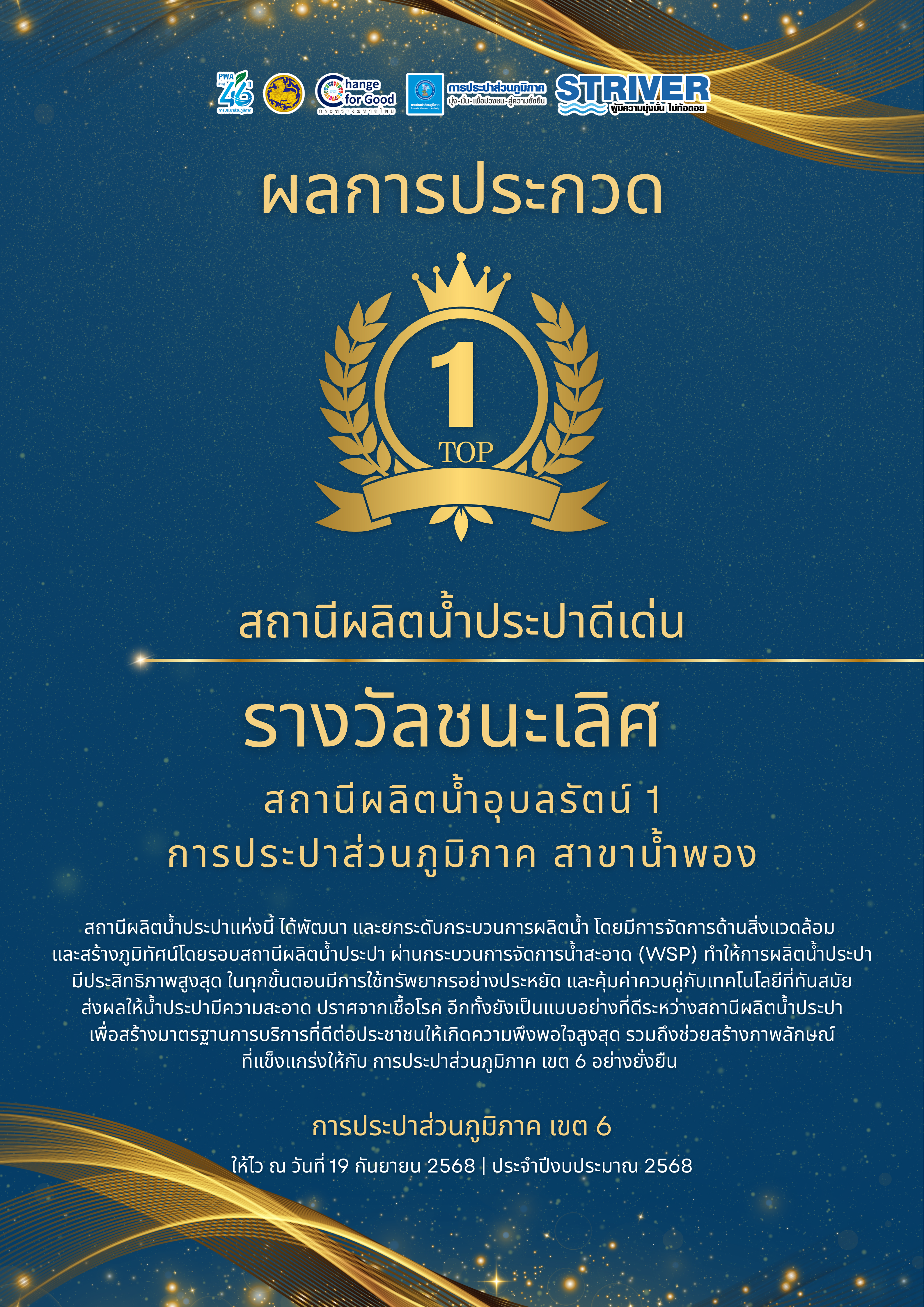 รางวัลรองชนะเลิศอันดับ 1 โครงการประกวดสถานีผลิตน้ำประปาดีเด่น
