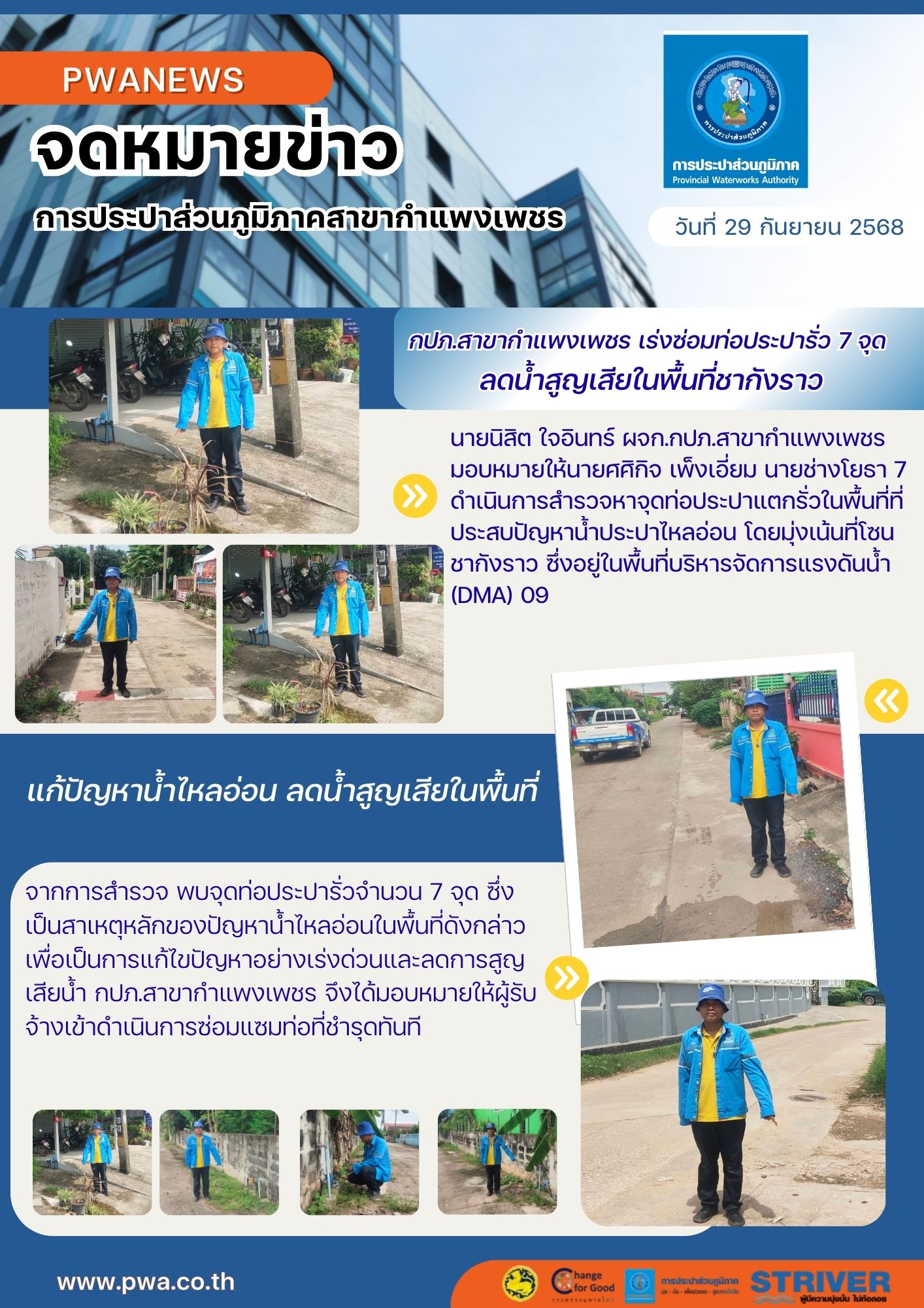 กปภ.สาขากำแพงเพชรเร่งซ่อมท่อประปารั่ว 7 จุด ลดน้ำสูญเสียในพื้นที่ชากังราว