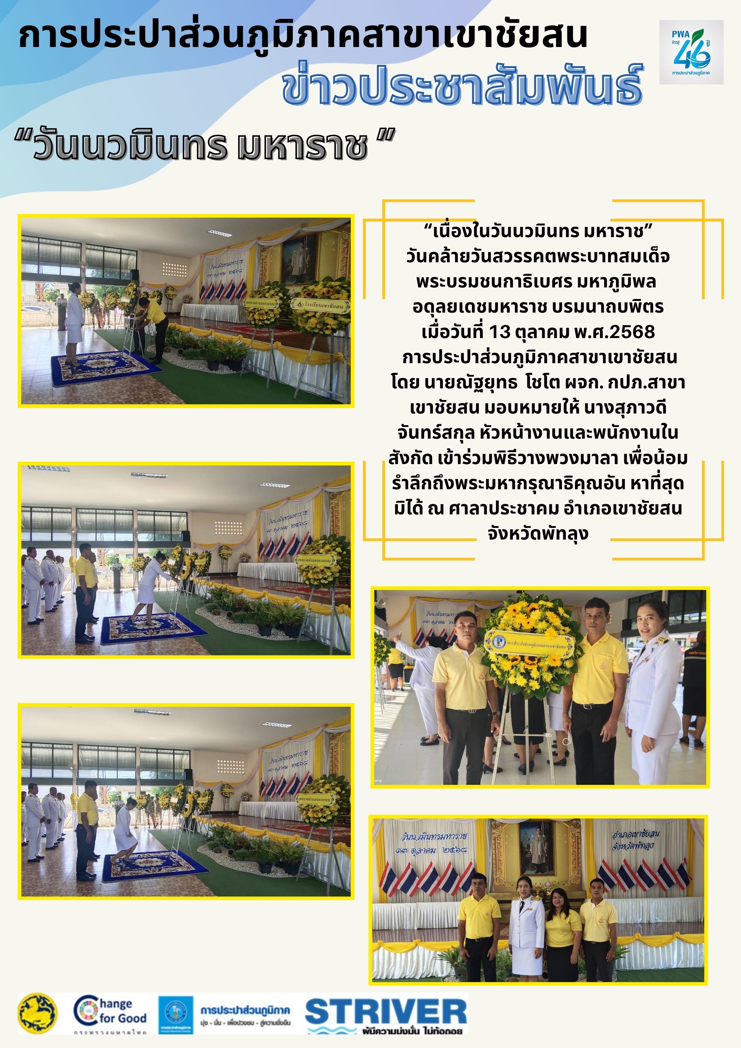 วันที่ 13 ตุลาคม พ.ศ.2568 การประปาส่วนภูมิภาคสาขาเขาชัยสน โดย นายณัฐยุทธ โชโต ผจก. กปภ.สาขาเขาชัยสน มอบหมายให้ หัวหน้างานและพนักงานในสังกัด เข้าร่วมพิธีวางพวงมาลา เนื่องในวันนวมินทร มหาราช วันคล้ายวันสวรรคตพระบาทสมเด็จพระบรมชนกาธิเบศร มหาภูมิพล อดุลยเดชมหาราช บรมนาถบพิตร