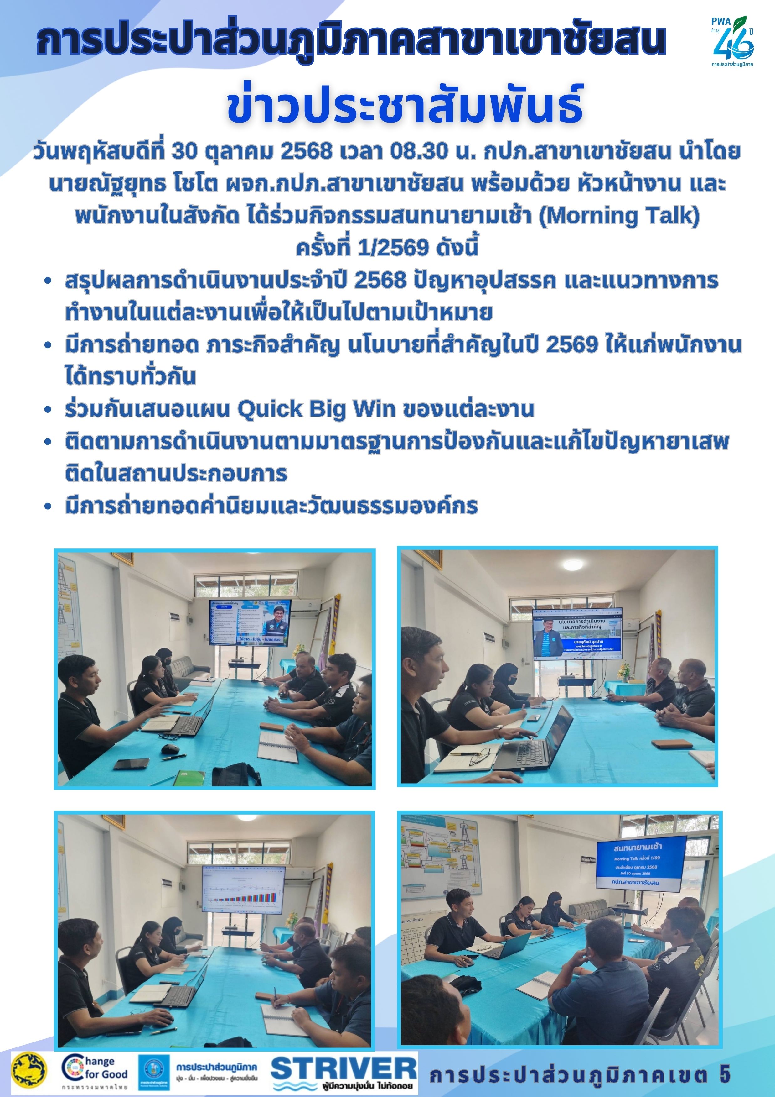 วันพฤหัสบดีที่ 30 ตุลาคม 2568 เวลา 08.30 น. กปภ.สาขาเขาชัยสน นำโดย นายณัฐยุทธ โชโต ผจก.กปภ.สาขาเขาชัยสน พร้อมด้วย หัวหน้างาน และพนักงานในสังกัด ได้ร่วมกิจกรรมสนทนายามเช้า (Morning Talk)ครั้งที่ 1/2569