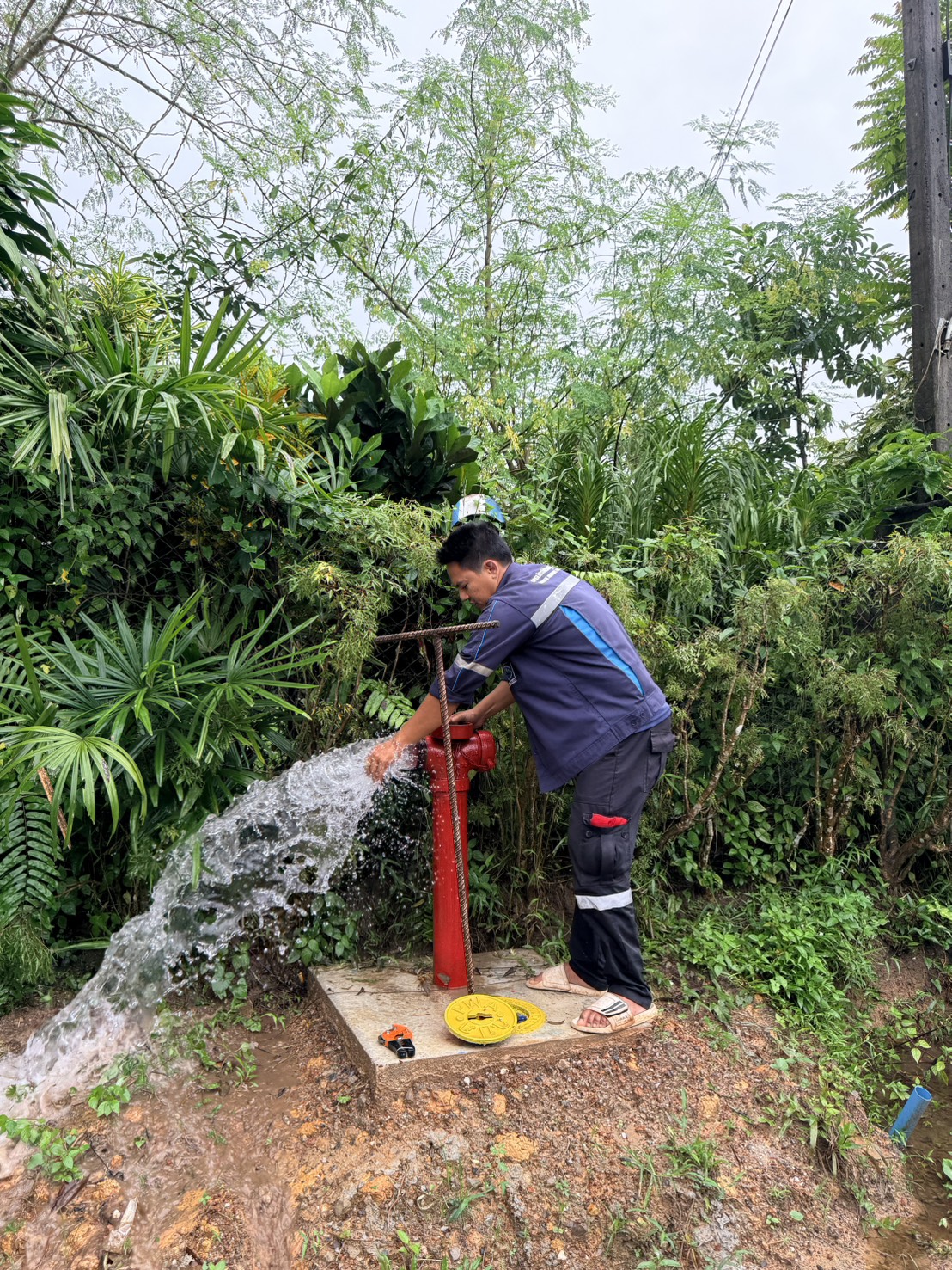 กปภ.สาขาคลองท่อมดำเนินการเปิดล้างระบายตะกอนในเส้นท่อจ่ายน้ำ (Blow off) ผ่านหัวดับเพลิง