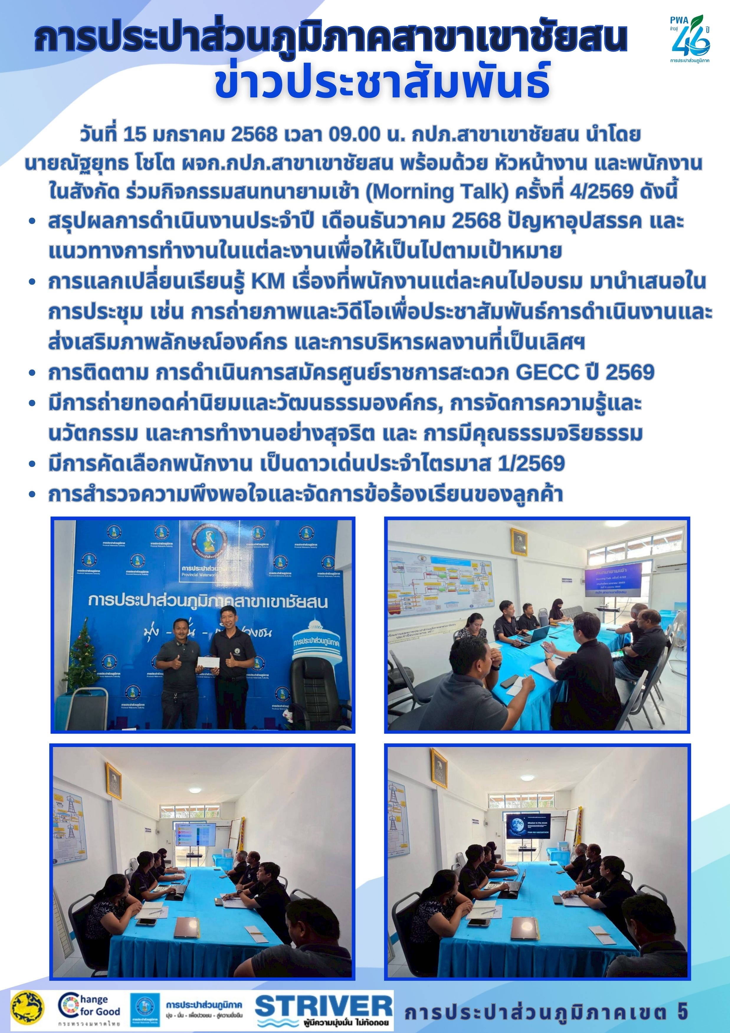 วันที่ 15 มกราคม 2568 เวลา 09.00 น. กปภ.สาขาเขาชัยสน นำโดยนายณัฐยุทธ โชโต ผจก.กปภ.สาขาเขาชัยสน พร้อมด้วย หัวหน้างาน และพนักงานในสังกัด ร่วมกิจกรรมสนทนายามเช้า (Morning Talk) ครั้งที่ 4/2569