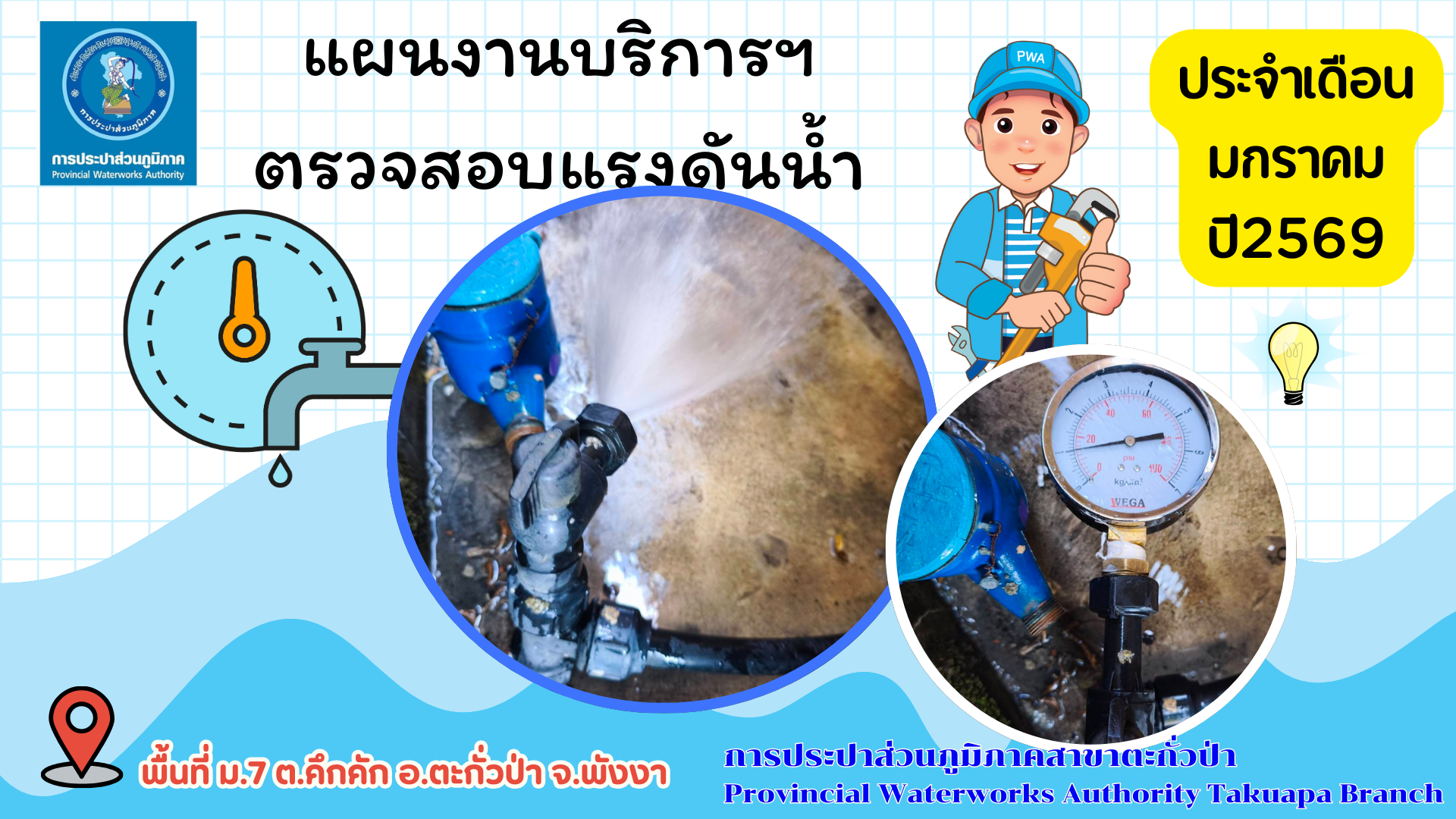 กปภ.สาขาตะกั่วป่า ดำเนินการตามแผนงานบริการและควบคุมน้ำสูญเสีย ตรวจสอบแรงดันน้ำ ประจำเดือนมกราคม ปี2569