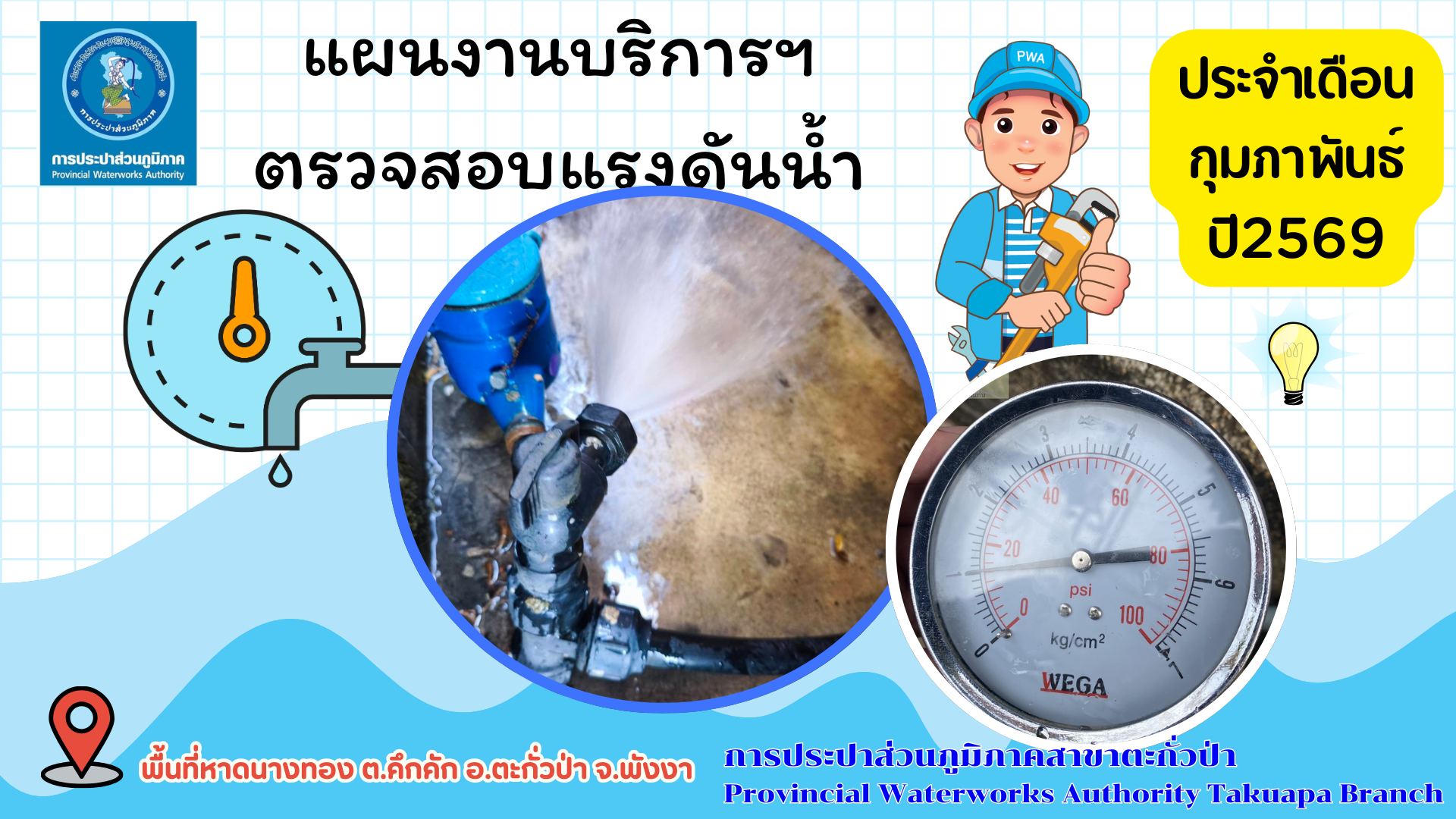 กปภ.สาขาตะกั่วป่า ดำเนินการตามแผนงานบริการและควบคุมน้ำสูญเสีย ตรวจสอบแรงดันน้ำ ประจำเดือนกุมภาพันธ์ ปี2569