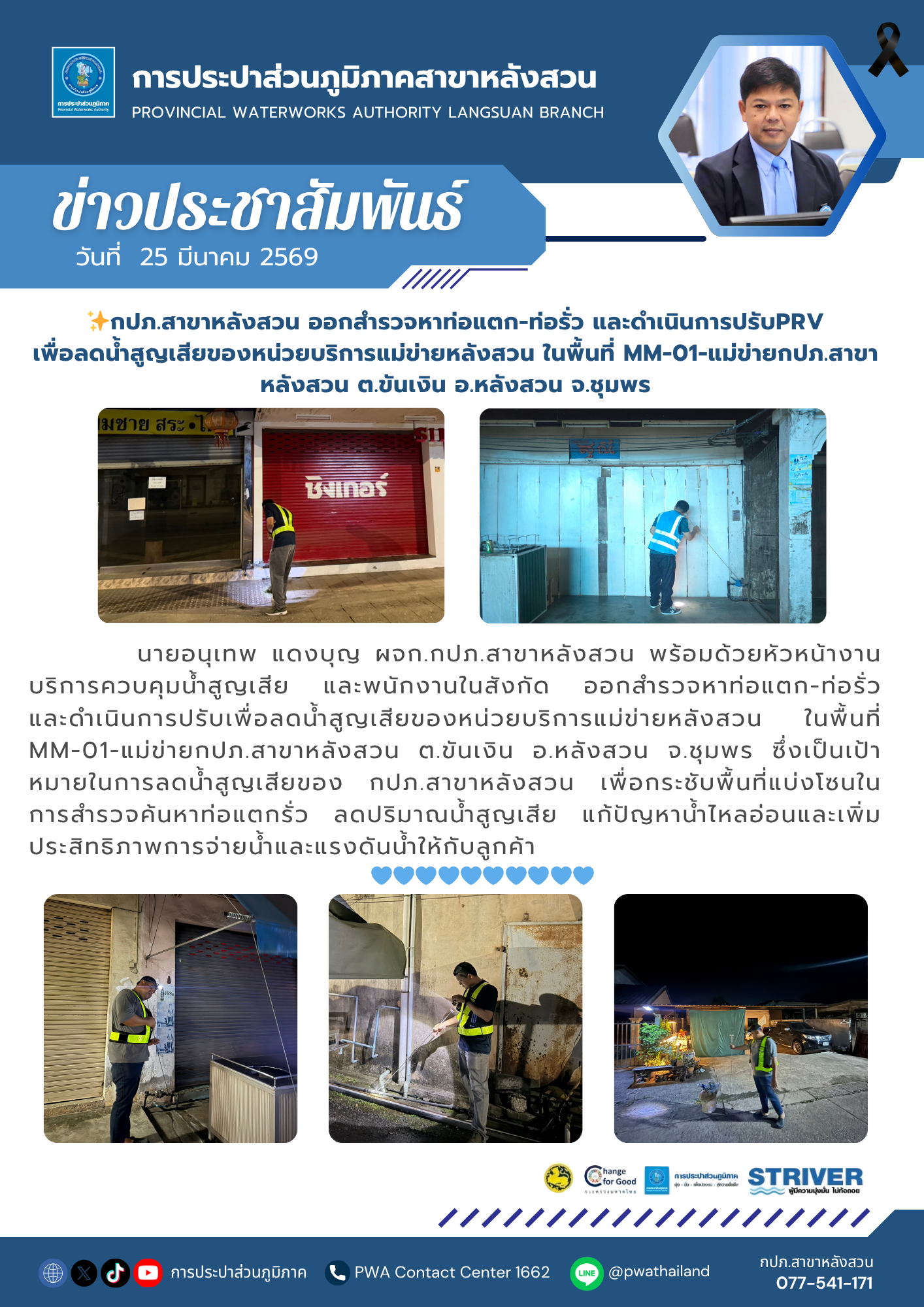 กปภ.สาขาหลังสวน ออกสำรวจหาท่อแตก-ท่อรั่ว และดำเนินการปรับPRV เพื่อลดน้ำสูญเสียของหน่วยบริการแม่ข่ายหลังสวน ในพื้นที่ MM-01-แม่ข่ายกปภ.สาขาหลังสวน ต.ขันเงิน อ.หลังสวน จ.ชุมพร