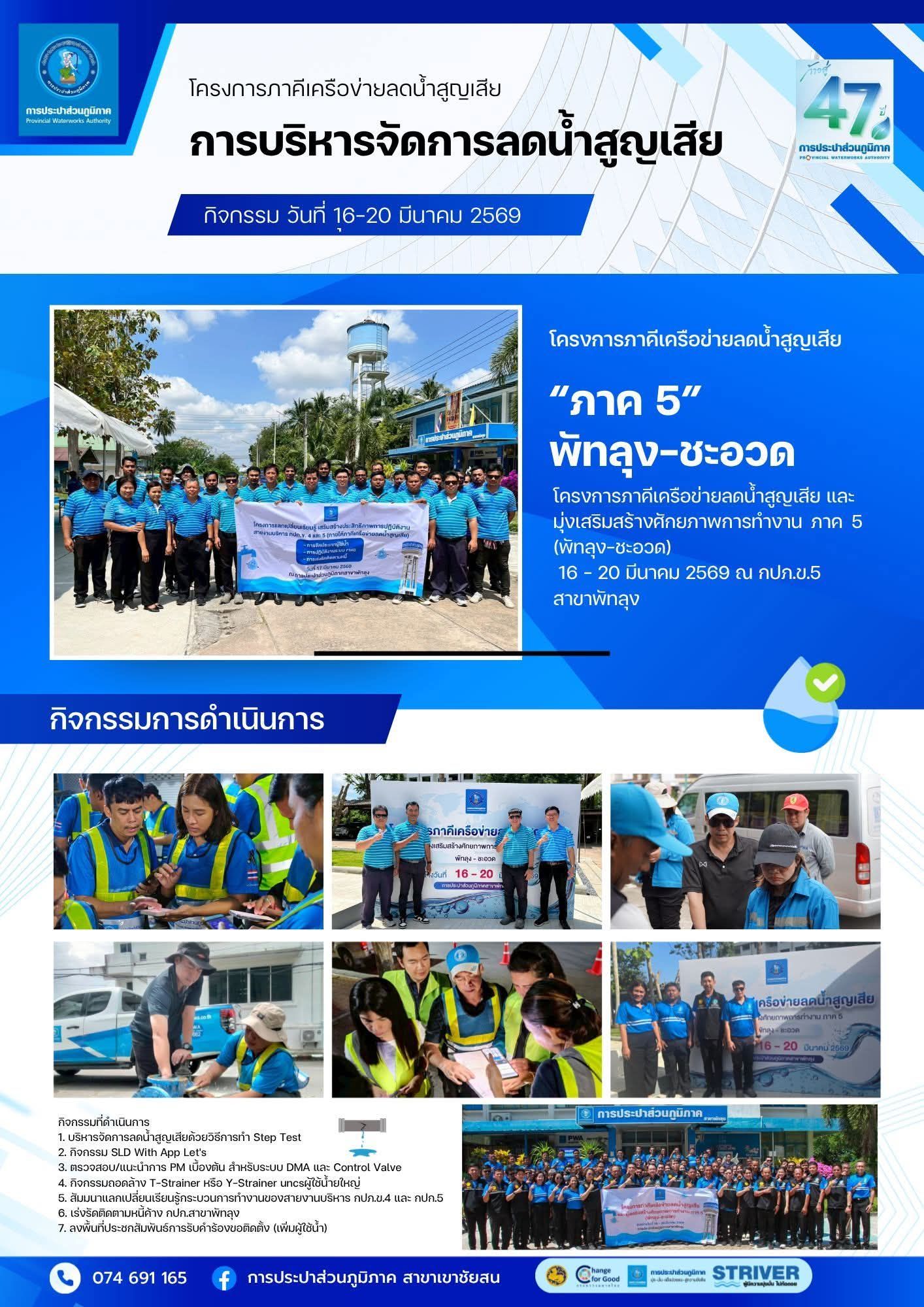 การประปาส่วนภูมิภาคสาขาเขาชัยสน โดยนายณัฐยุทธ  โชโต ผู้จัดการ และพนักงานในสังกัด เข้าร่วมโครงการภาคีเครือข่ายลดน้ำสูญเสีย และมุ่งเสริมสร้างศักยภาพการทำงาน ภาค 5 (พัทลุง-ชะอวด)