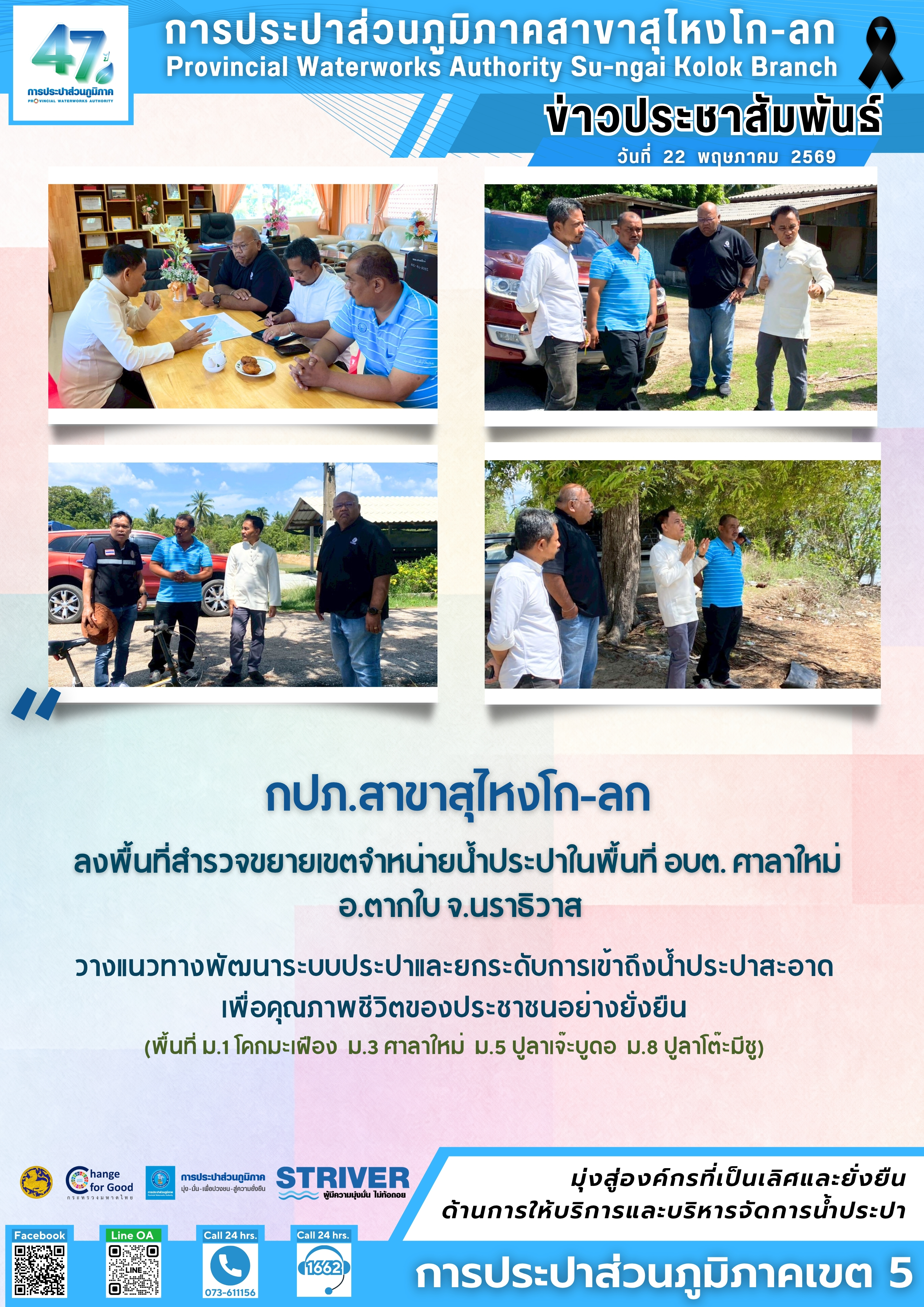 กปภ.สาขาสุไหงโก-ลก ลงพื้นที่สำรวจขยายเขตจำหน่ายน้ำประปาในพื้นที่ อบต. ศาลาใหม่ อ.ตากใบ จ.นราธิวาส  วางแนวทางพัฒนาระบบประปาและยกระดับการเข้าถึงน้ำประปาสะอาด เพื่อคุณภาพชีวิตของประชาชนอย่างยั่งยืน