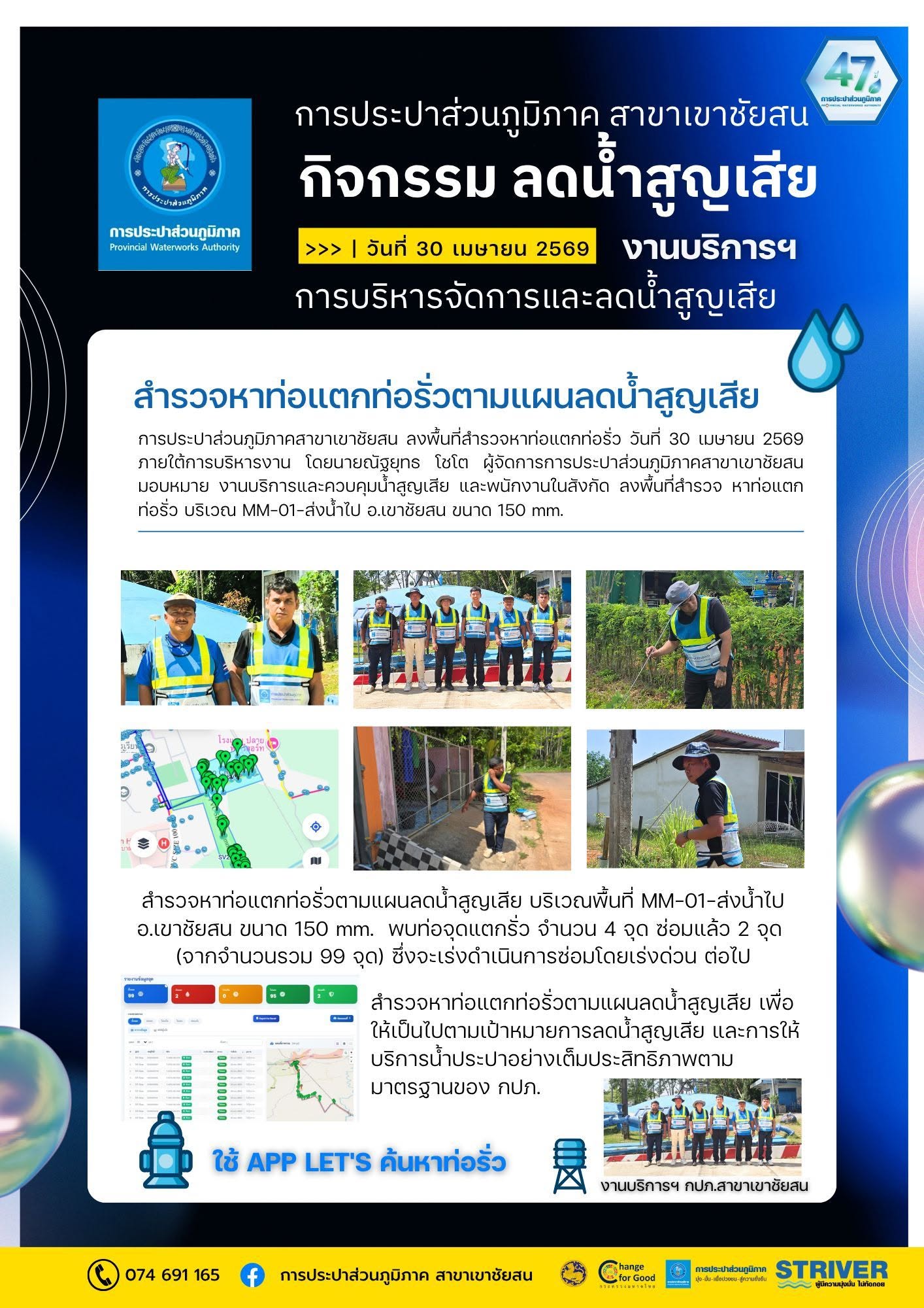 การประปาส่วนภูมิภาคสาขาเขาชัยสน ลงพื้นที่สำรวจหาท่อแตก  ท่อรั่วในระบบจำหน่ายน้ำ (สทร.) วันที่ 30 เมษายน 2569 ภายใต้การบริหารงาน โดยนายณัฐยุทธ โชโต ผู้จัดการการประปาส่วนภูมิภาคสาขาเขาชัยสน มอบหมาย งานบริการและควบคุมน้ำสูญเสีย และพนักงานในสังกัด ดำเนินการสำรวจหาท่อรั่ว (สทร.) ในพื้นที่ MM-01-ส่งน้ำไป อ.เขาชัยสน ขนาด 150 mm.