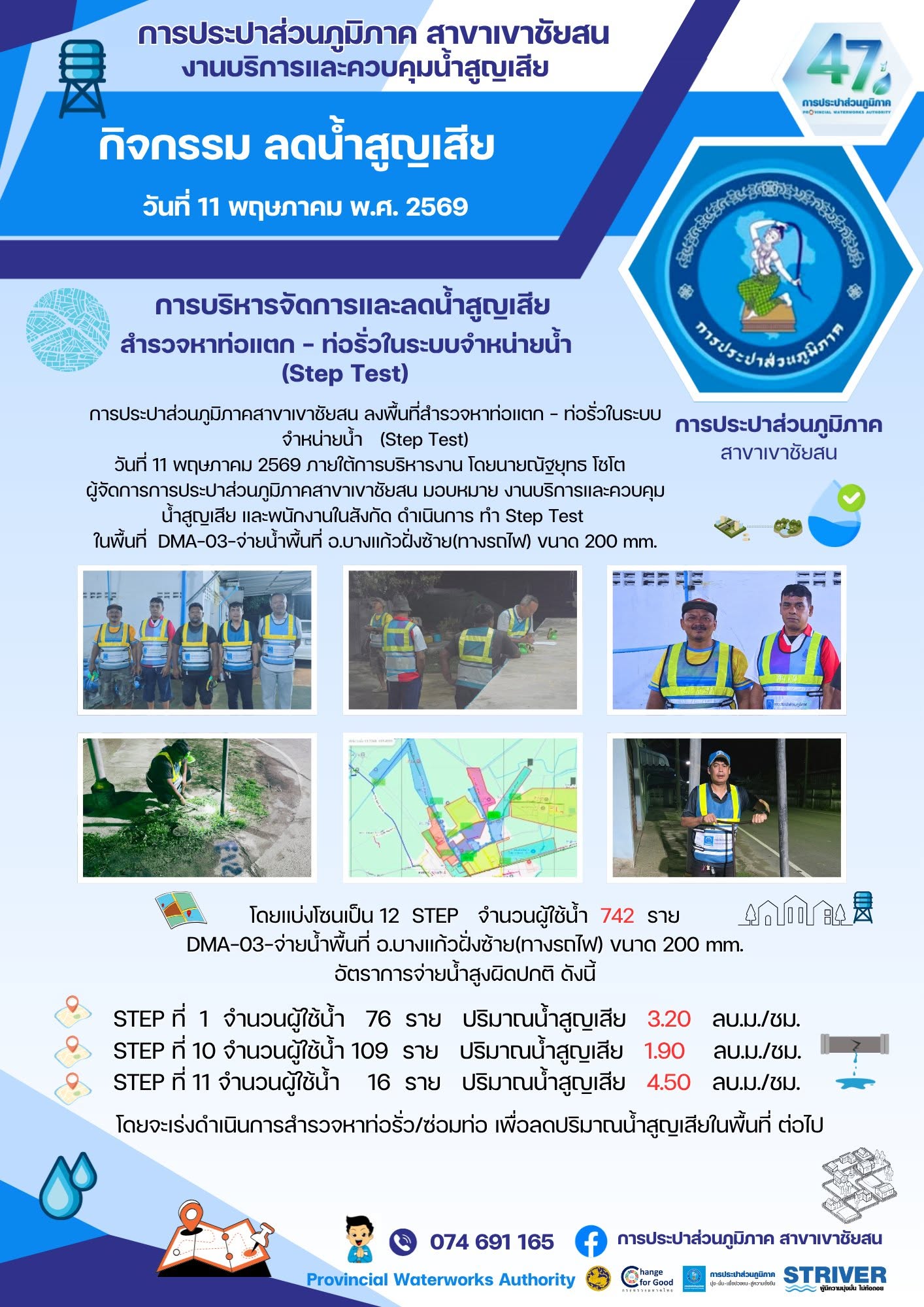 การประปาส่วนภูมิภาคสาขาเขาชัยสน ลงพื้นที่สำรวจหาท่อแตก - ท่อรั่วในระบบจำหน่ายน้ำ (Step Test) วันที่ 11 พฤษภาคม 2569 ภายใต้การบริหารงาน โดยนายณัฐยุทธ  โชโต ผู้จัดการการประปาส่วนภูมิภาคสาขาเขาชัยสน มอบหมาย งานบริการและควบคุมน้ำสูญเสีย และพนักงานในสังกัดดำเนินการทำ STEP TEST ในพื้นที่ DMA-03-จ่ายน้ำพื้นที่ อ.บางแก้วฝั่งซ้าย(ทางรถไฟ) ขนาด 200 mm.