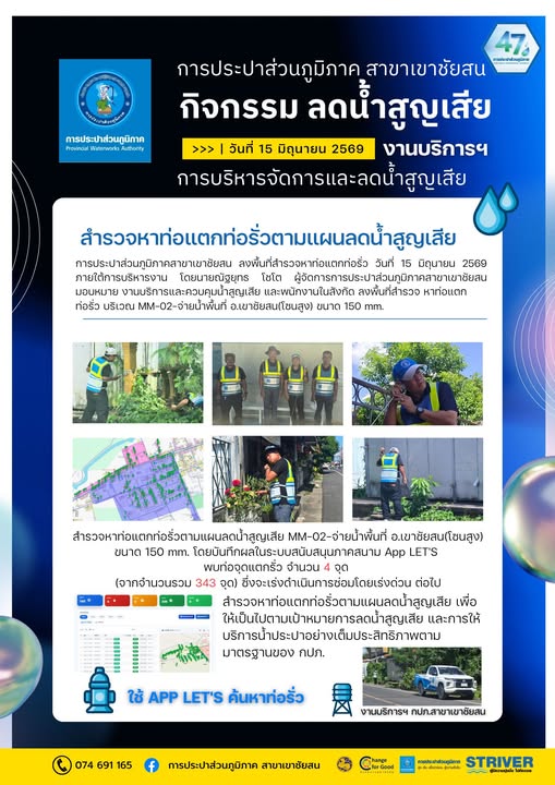 การประปาส่วนภูมิภาคสาขาเขาชัยสน ลงพื้นที่สำรวจหาท่อแตกท่อรั่ว วันที่ 15 มิถุนายน 2569 ภายใต้การบริหารงาน โดยนายณัฐยุทธ โชโต ผู้จัดการการประปาส่วนภูมิภาคสาขาเขาชัยสน มอบหมาย งานบริการและควบคุมน้ำสูญเสีย และพนักงานในสังกัด ลงพื้นที่สำรวจ หาท่อแตกท่อรั่ว บริเวณ MM-02-จ่ายน้ำพื้นที่ อ.เขาชัยสน(โซนสูง) ขนาด 150 mm.