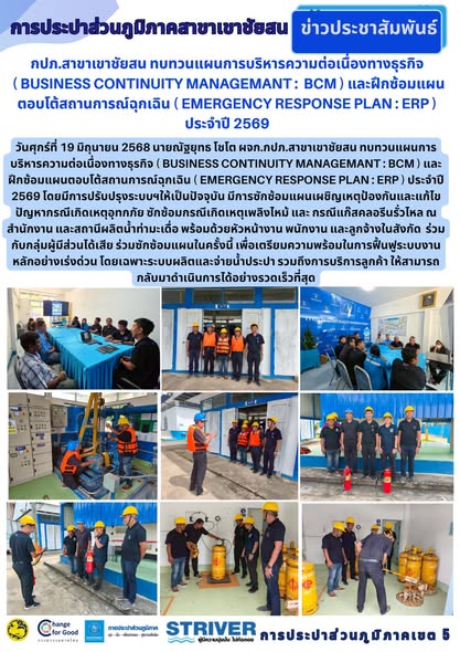 วันศุกร์ที่ 19 มิถุนายน 2568 นายณัฐยุทธ โชโต ผจก.กปภ.สาขาเขาชัยสน ทบทวนแผนการบริหารความต่อเนื่องทางธุรกิจ ( Business Continuity Managemant : BCM ) และฝึกซ้อมแผนตอบโต้สถานการณ์ฉุกเฉิน ( Emergency Response Plan : ERP ) ประจำปี 2569