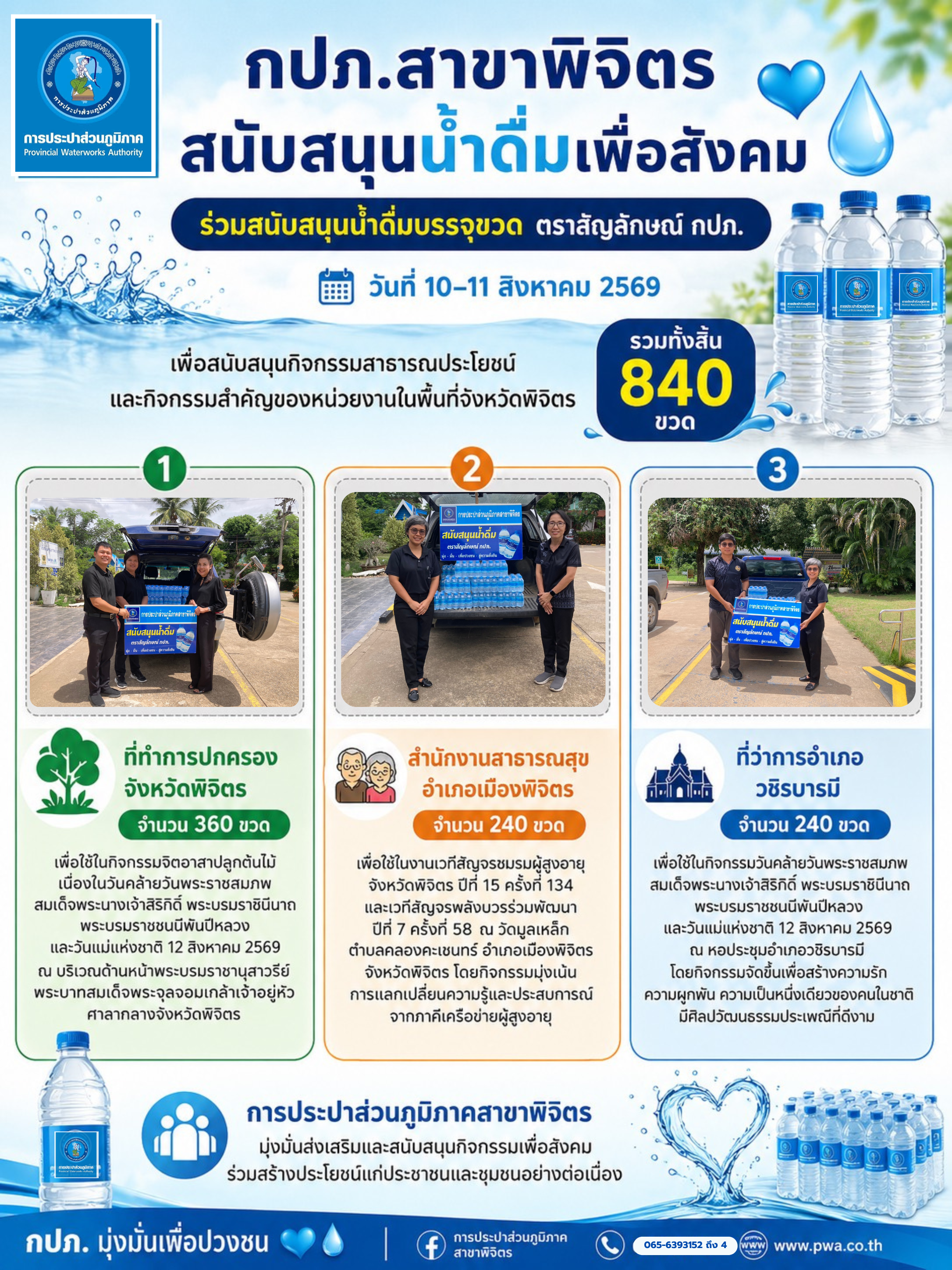💧 กปภ.สาขาพิจิตร สนับสนุนน้ำดื่มบรรจุขวดตราสัญลักษณ์ กปภ. เพื่อกิจกรรมสาธารณประโยชน์ในพื้นที่จังหวัดพิจิตร 💧💙